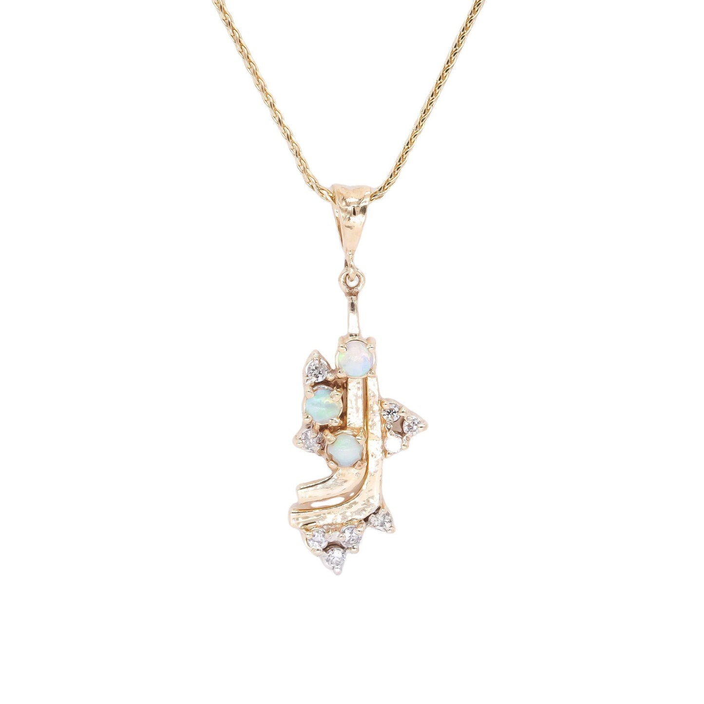 14k Yellow Gold Jewelry 0.28CT Diamond and Opal Abstract Pendant Necklace