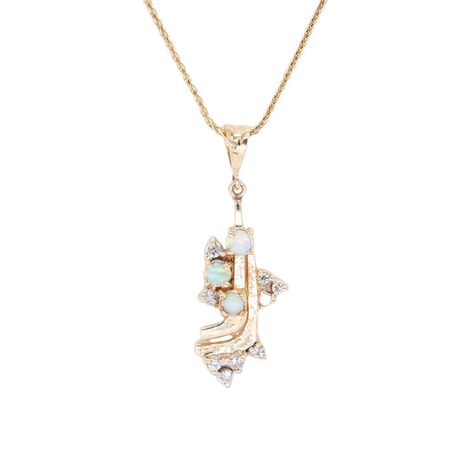 14k Yellow Gold Jewelry 0.28CT Diamond and Opal Abstract Pendant Necklace