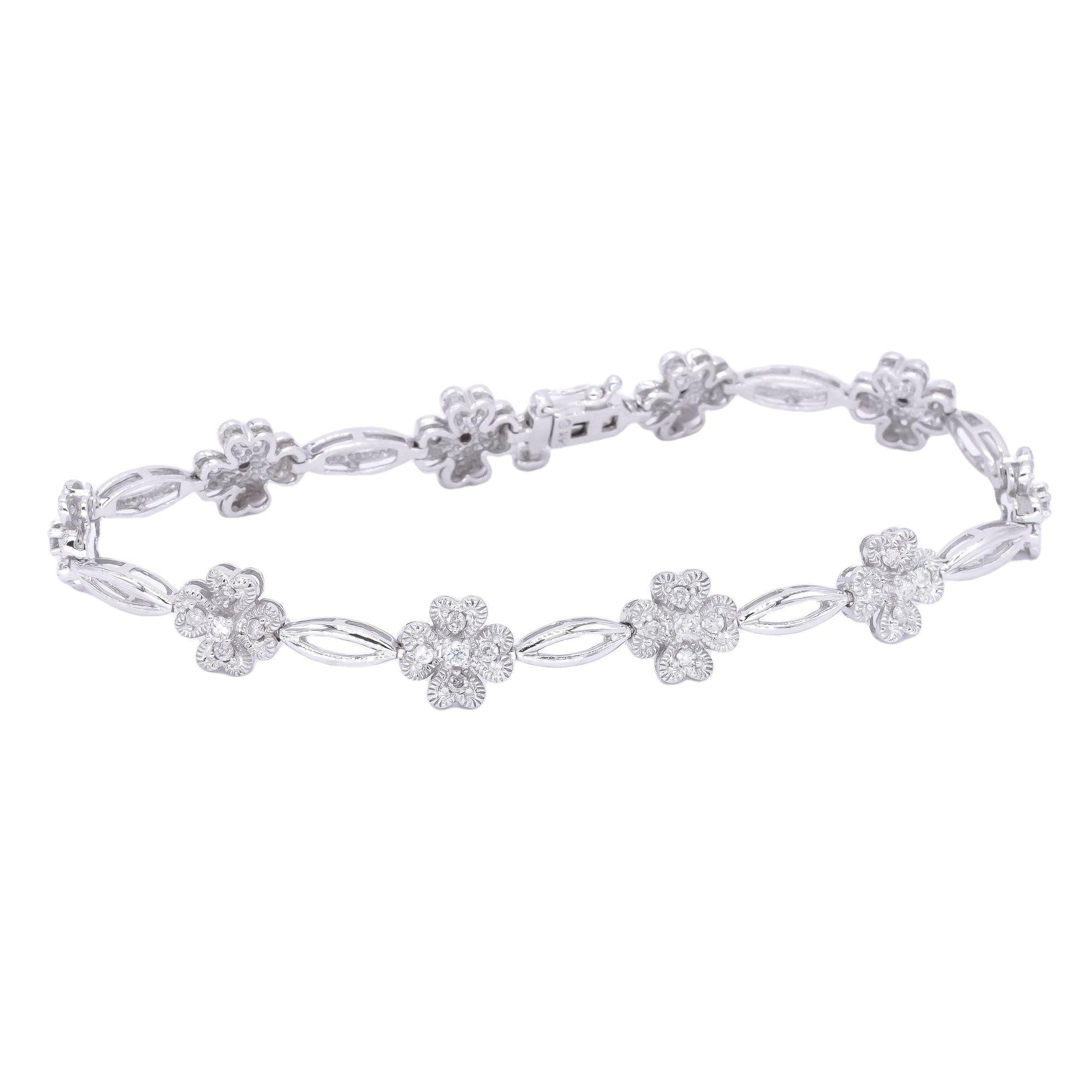 14k White Gold Jewelry 1.0CT Diamond Flower Formal Tennis Bracelet