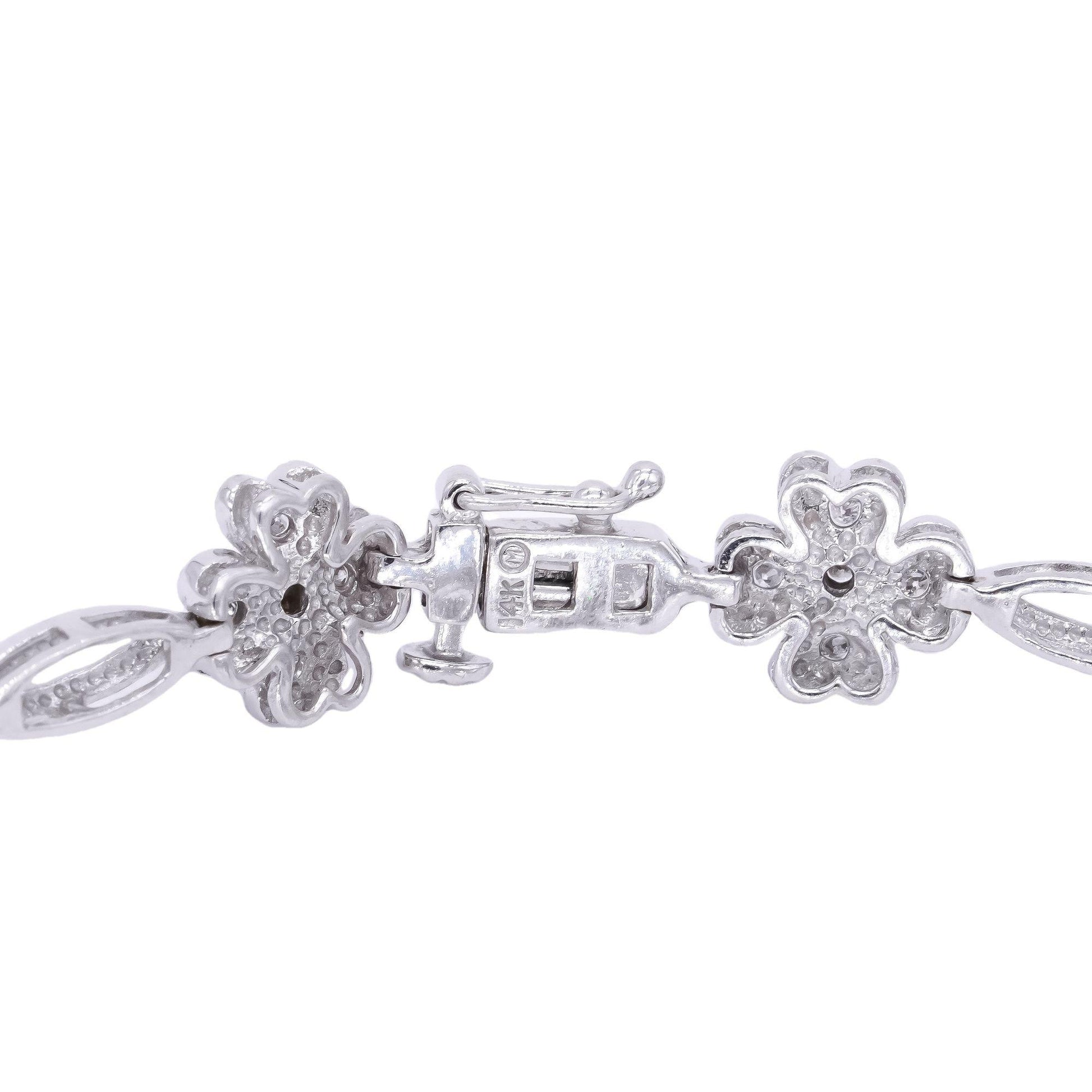 14k White Gold Jewelry 1.0CT Diamond Flower Formal Tennis Bracelet