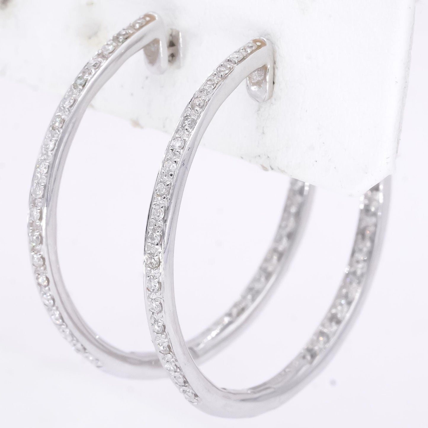 14k White Gold Jewelry 0.75CT Diamond In and Out Hoop Earrings