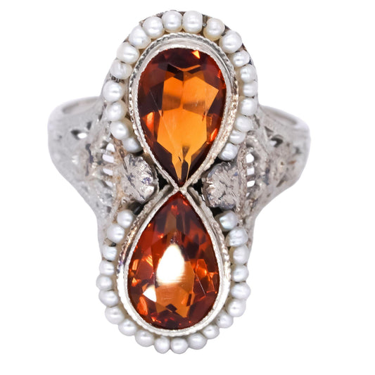 18k White Gold Vintage Citrine & Seed Pearl Filigree Cocktail Ring Size 4