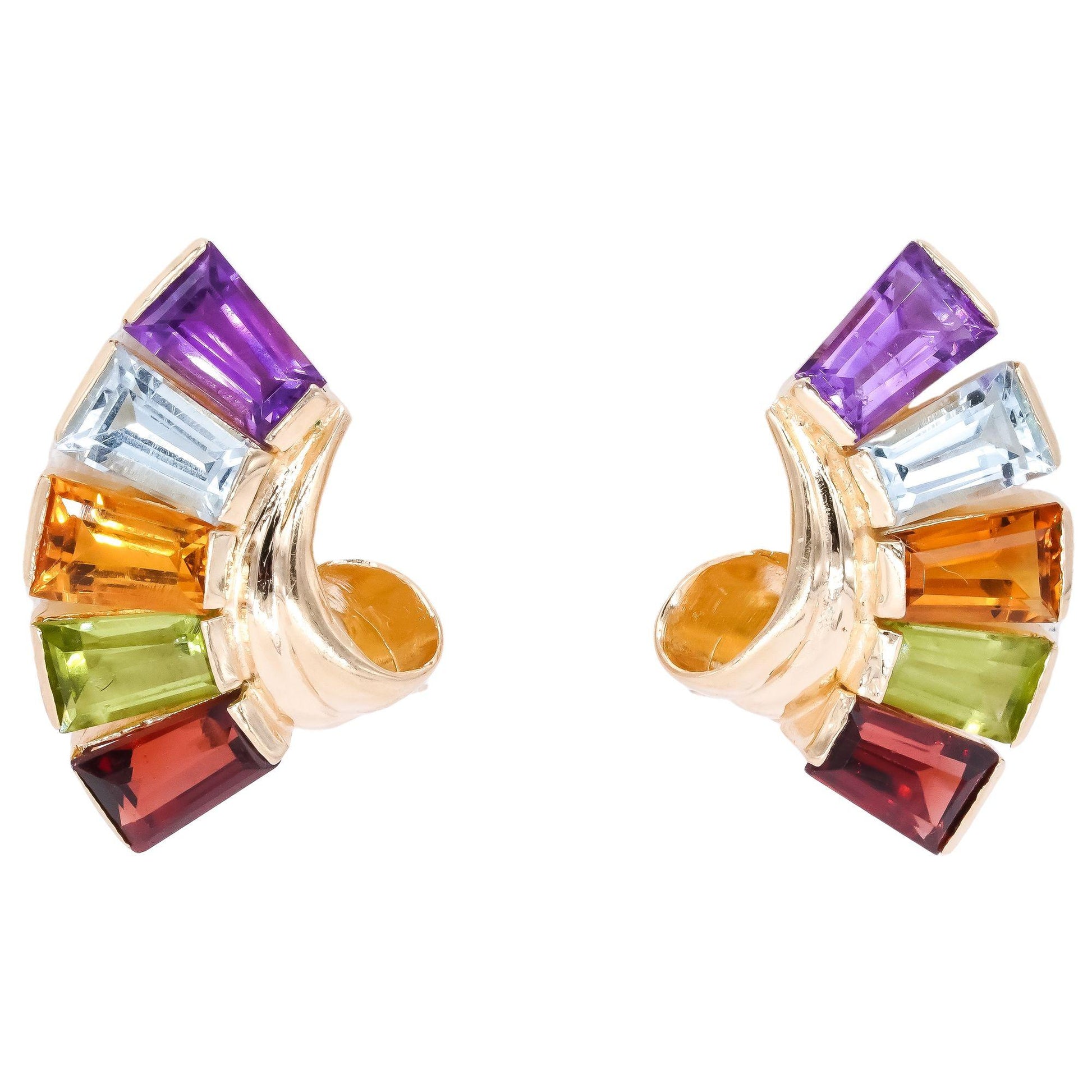 14k Yellow Gold Rainbow Gemstone Fan Style Earrings