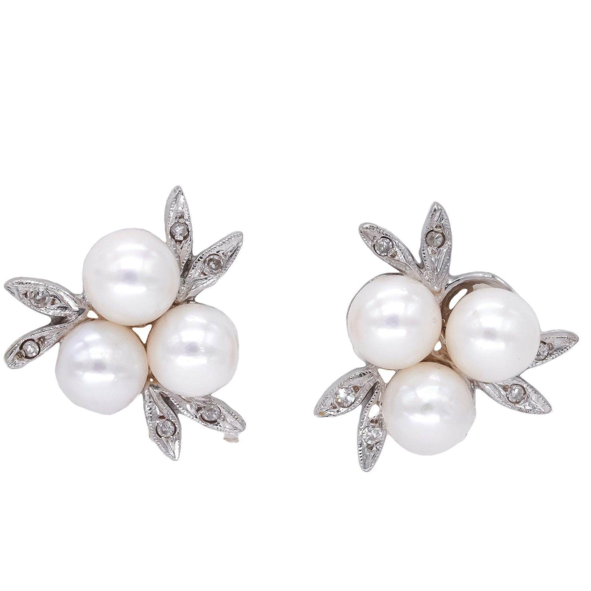 Vintage 14k White Gold 0.08CT Diamond and Pearl Floral Stud Earrings