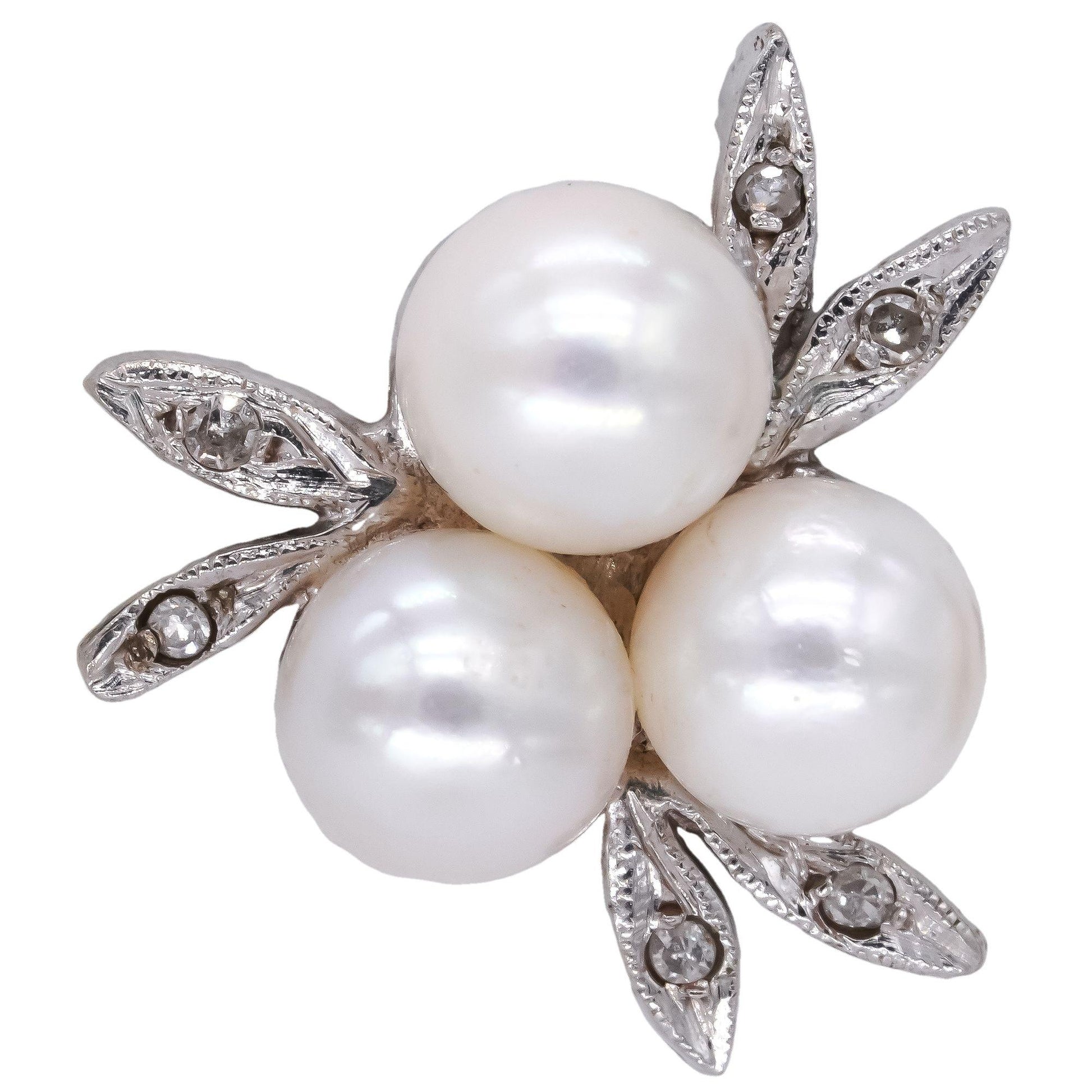 Vintage 14k White Gold 0.08CT Diamond and Pearl Floral Stud Earrings