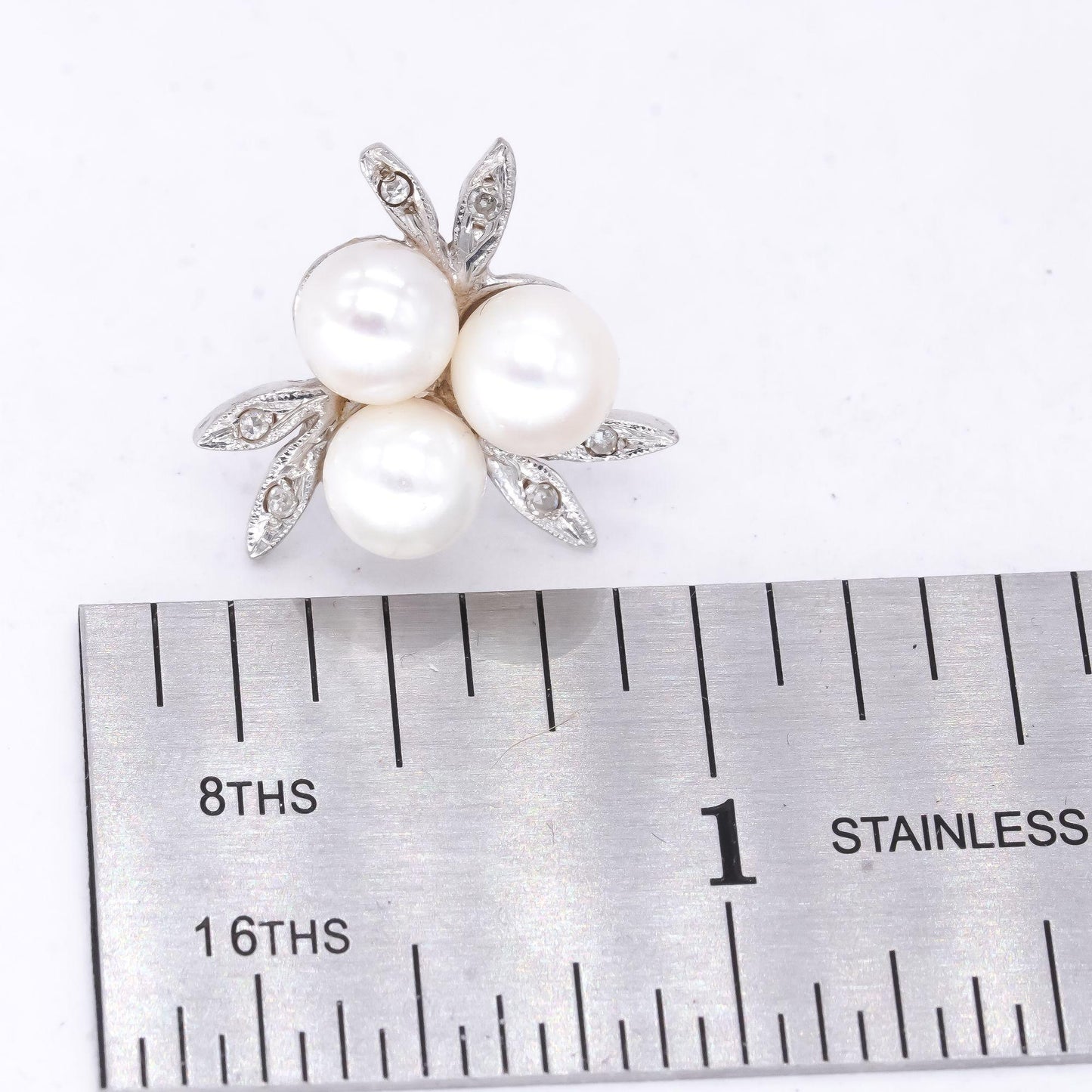 Vintage 14k White Gold 0.08CT Diamond and Pearl Floral Stud Earrings