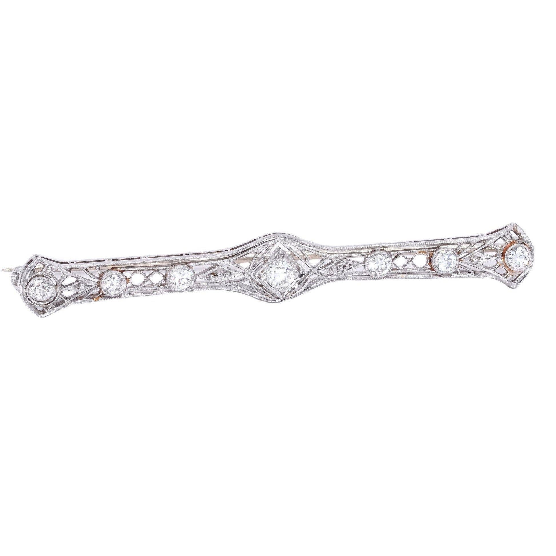 Vintage Antique Platinum and 14k Gold 0.50CT VS Diamond Filigree Bar Brooch