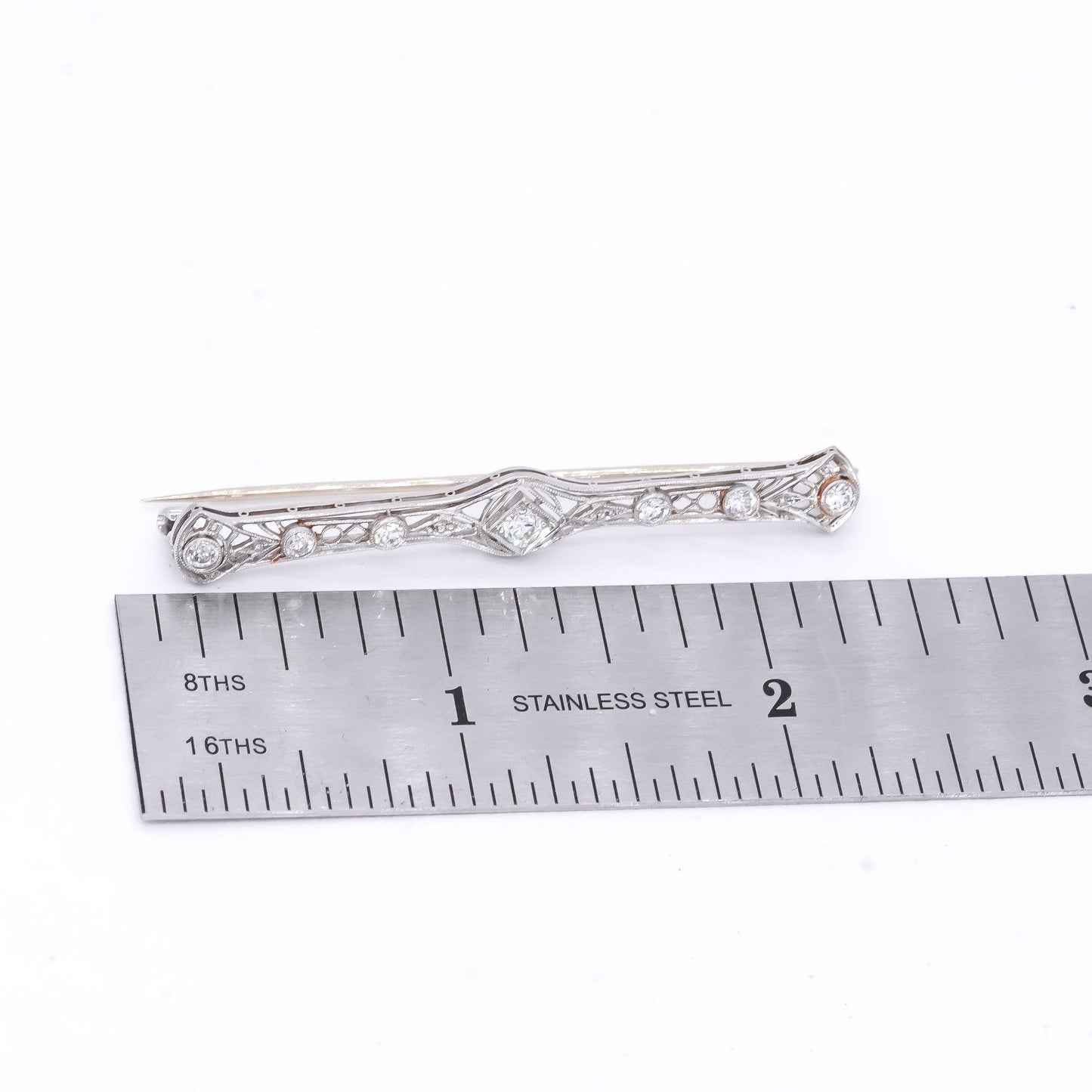 Vintage Antique Platinum and 14k Gold 0.50CT VS Diamond Filigree Bar Brooch