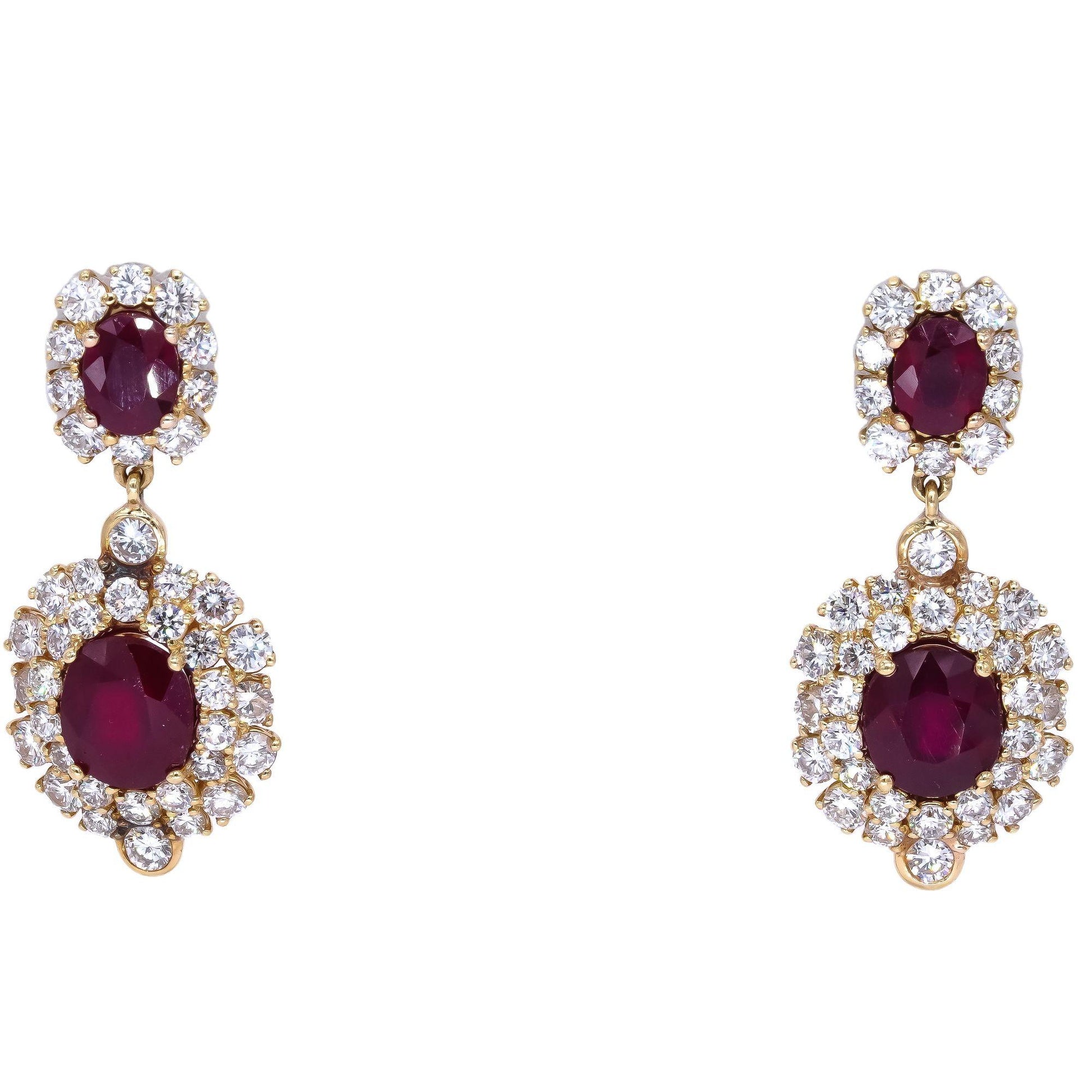 GIA Certified 18k Yellow Gold 18.25ct VS Diamond & Ruby Cluster Earrings