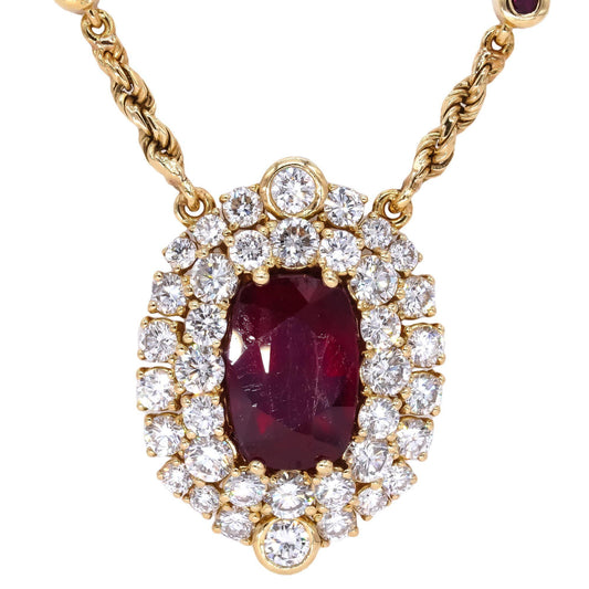 GIA Certified 18k Yellow Gold 9.85ct Diamond & Ruby By The Yard Pendant Necklace