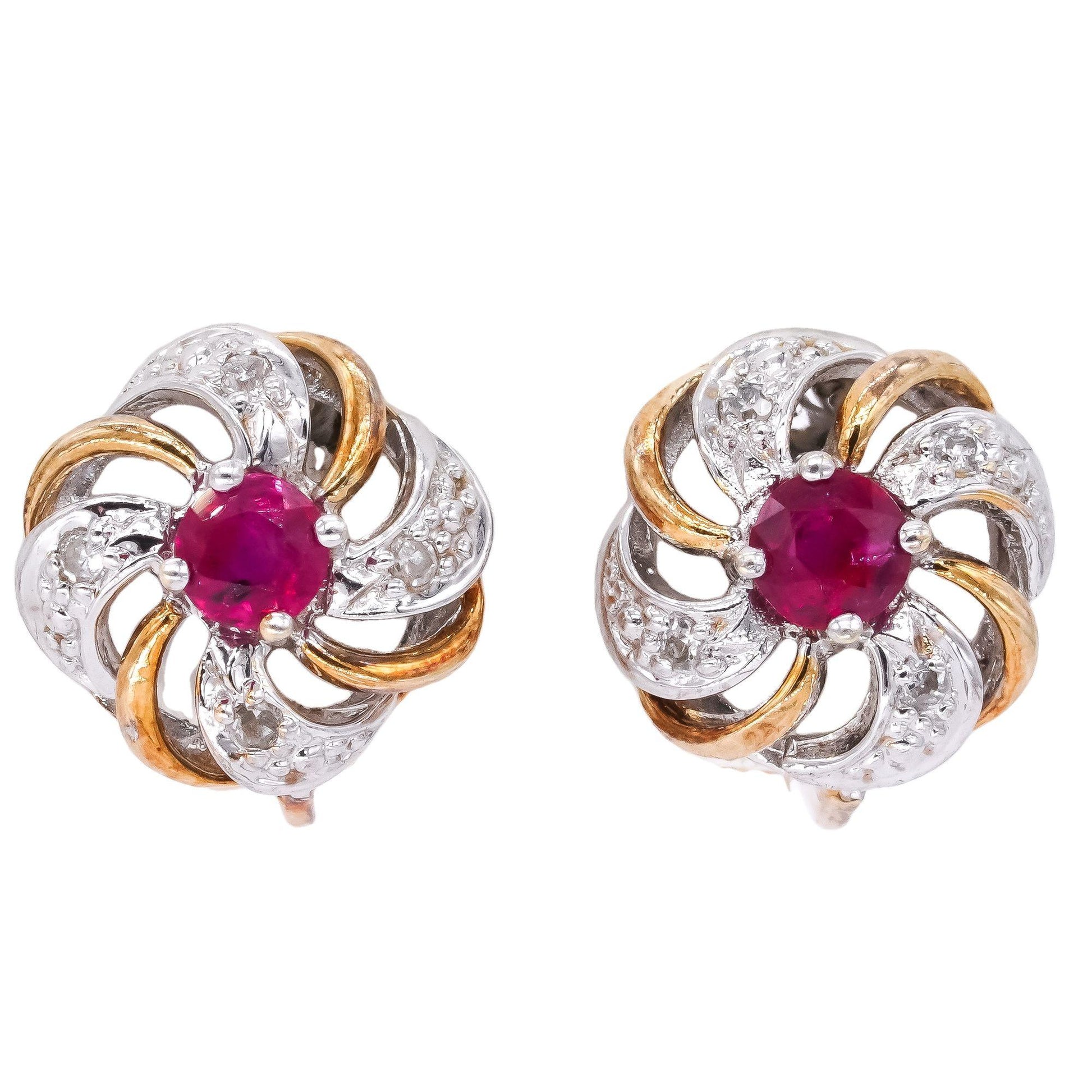 14k White and Yellow Gold 0.38CT Diamond & Ruby Flower Clip-On Earrings