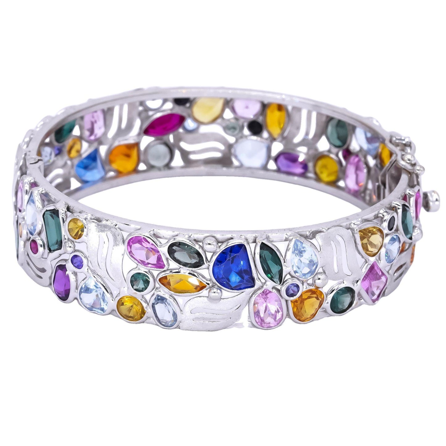 14k White Gold 12.0CT Rainbow Synthetic Gemstone Bangle Bracelet