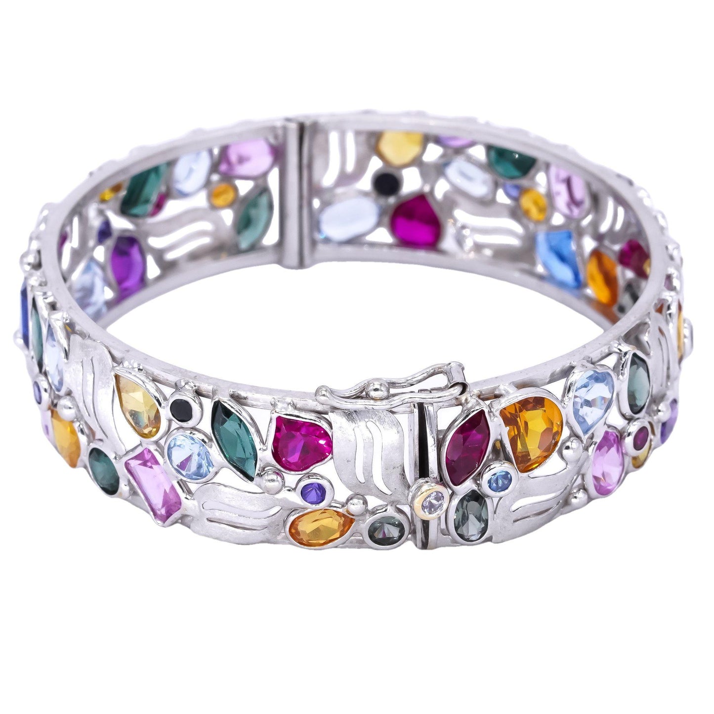 14k White Gold 12.0CT Rainbow Synthetic Gemstone Bangle Bracelet