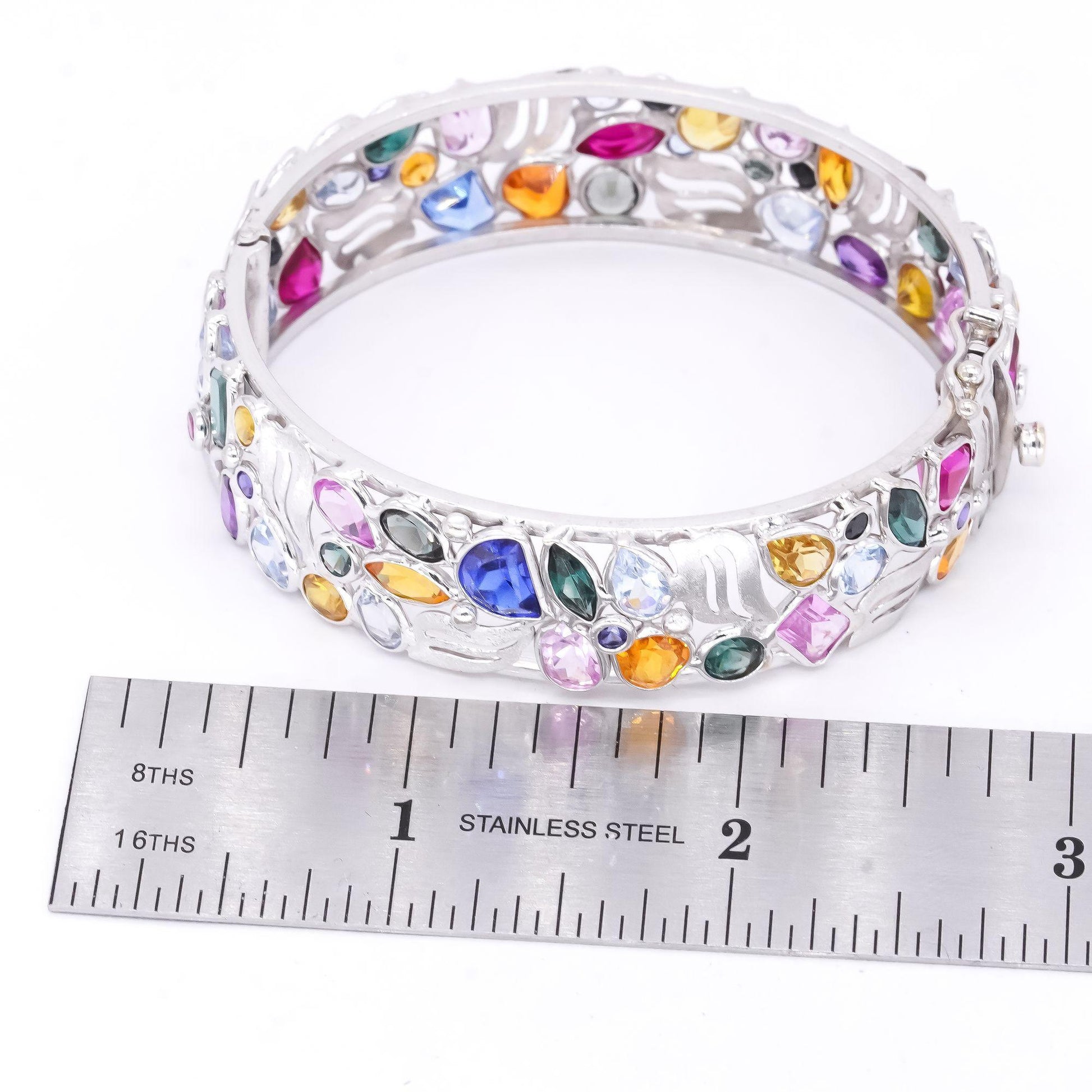 14k White Gold 12.0CT Rainbow Synthetic Gemstone Bangle Bracelet