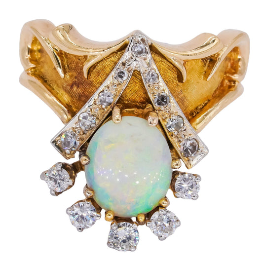 Vintage 18k Yellow Gold 1.47CT VS Diamond and Opal Cocktail Ring size 6.5