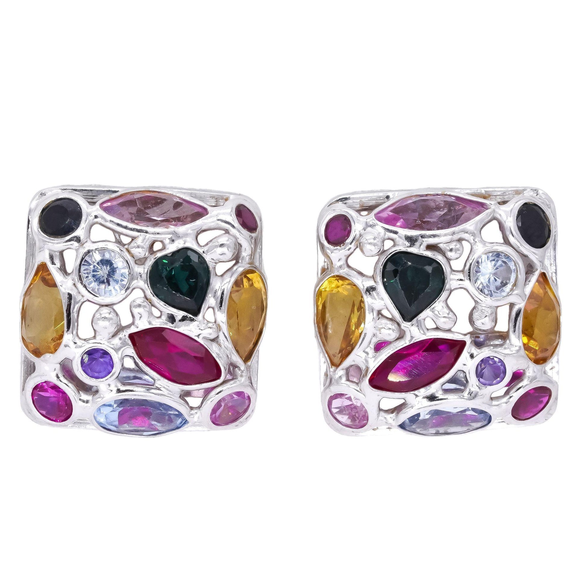 14k White Gold 4.50CT Assorted Rainbow Synthetic Gemstone Jumbo Stud Earrings