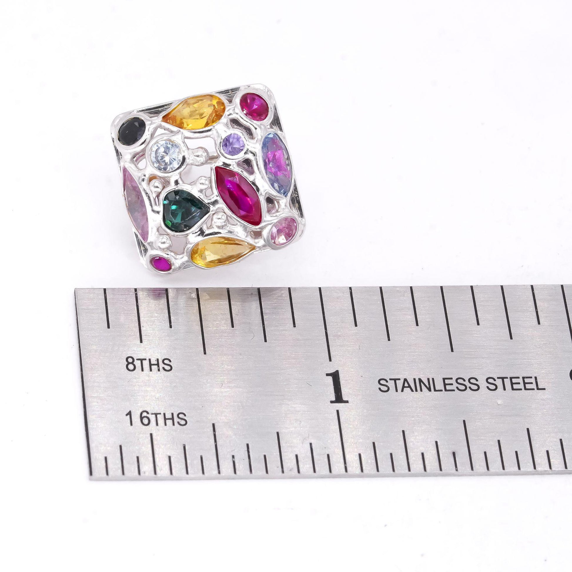 14k White Gold 4.50CT Assorted Rainbow Synthetic Gemstone Jumbo Stud Earrings