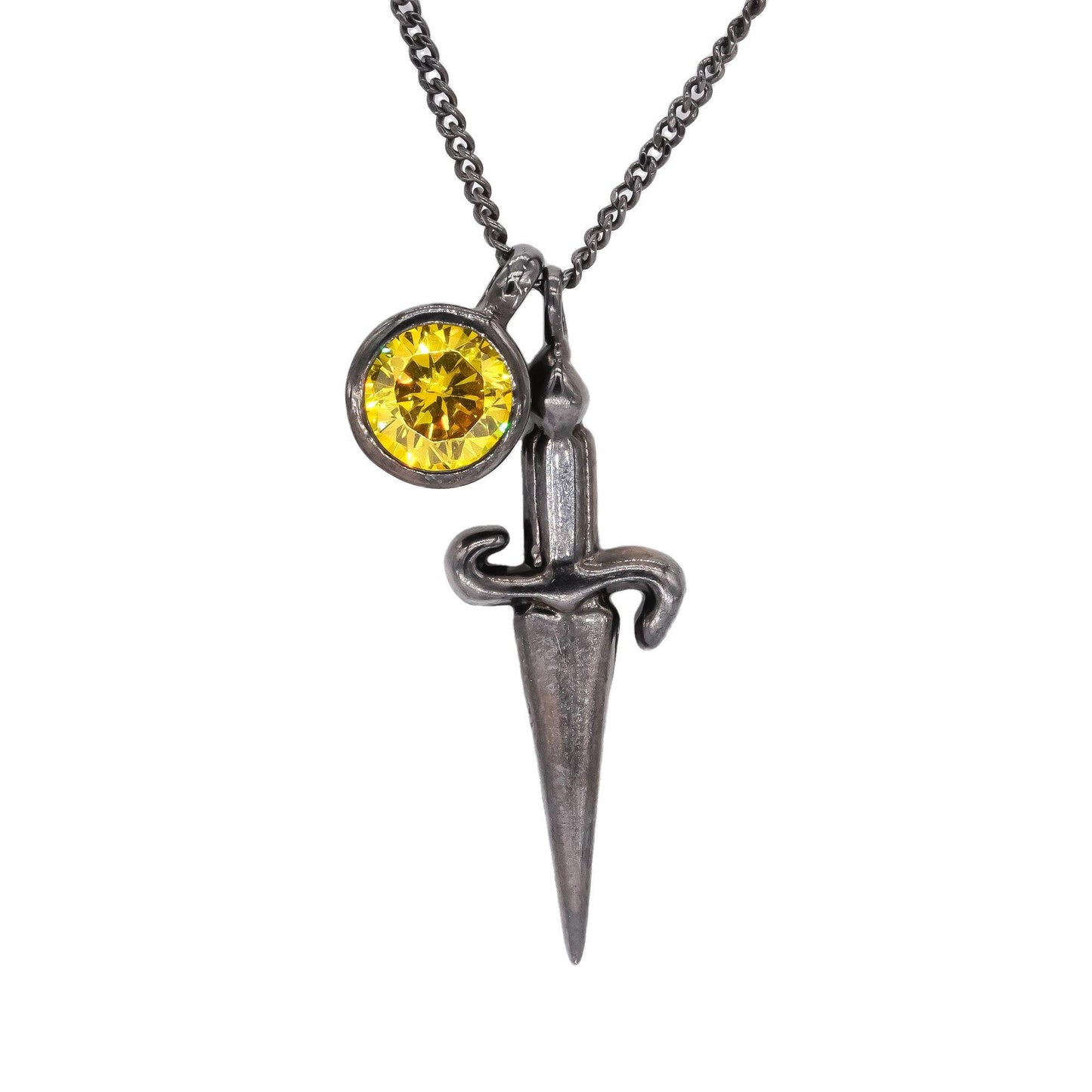 Cesare Paciotti Sterling Silver Black Rhodium Yellow Quartz Dagger Necklace