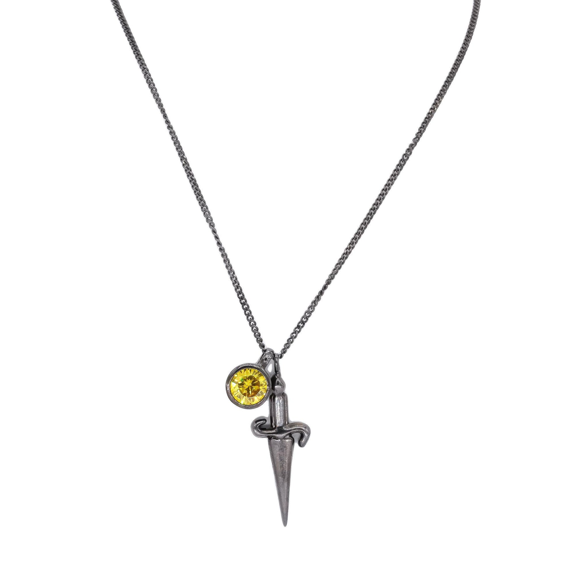 Cesare Paciotti Sterling Silver Black Rhodium Yellow Quartz Dagger Necklace