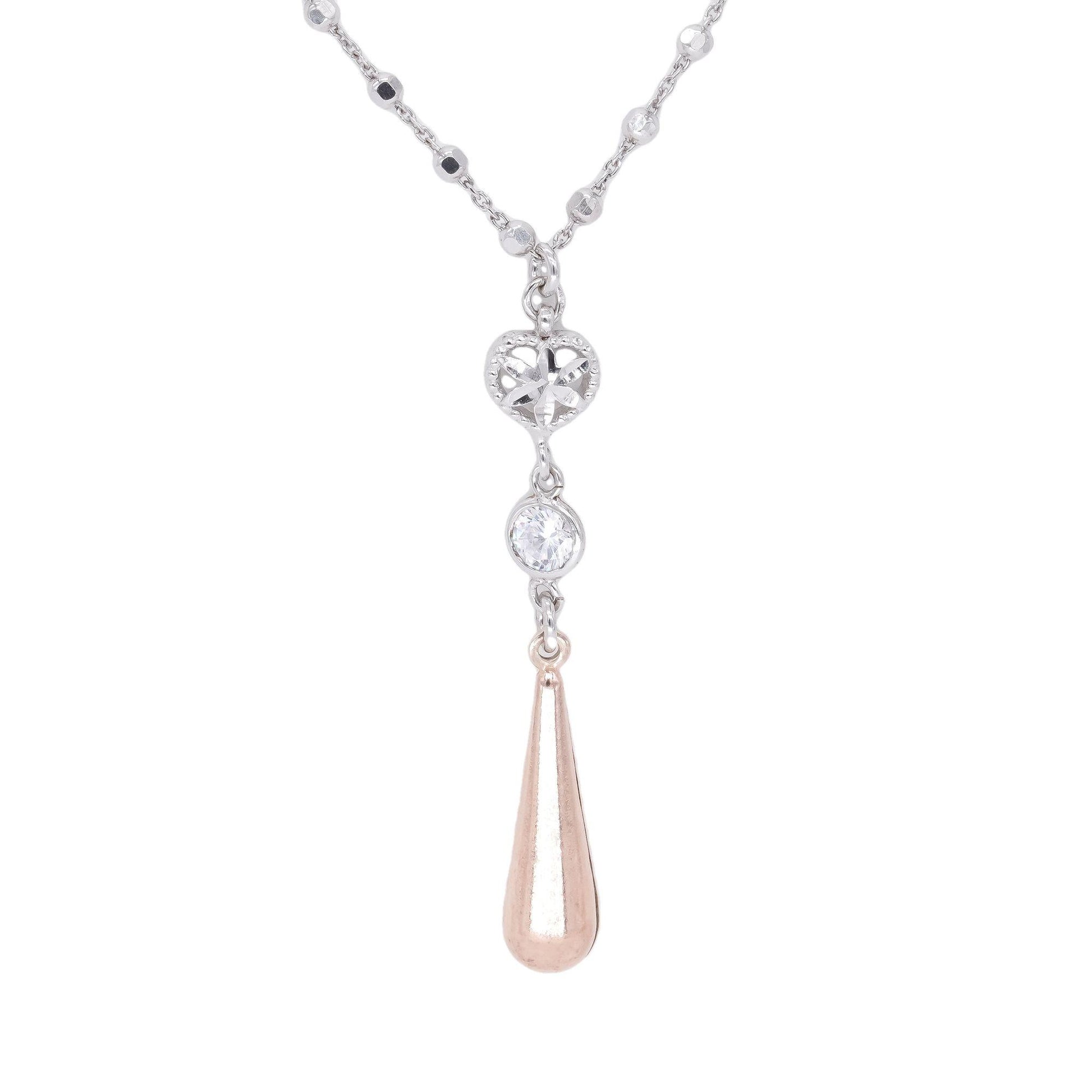 Sterling Silver Rose Gold Plated Cubic Zirconia Drop Pendant Necklace