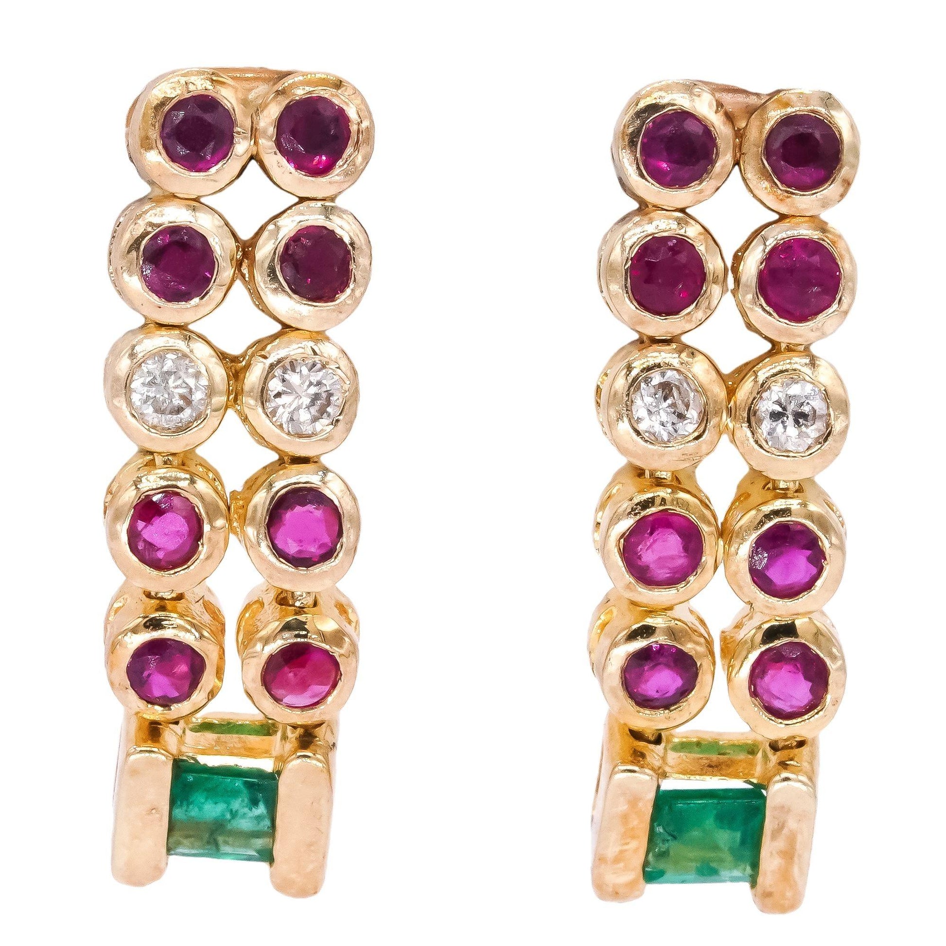 14k Yellow Gold 0.56CT Diamond Ruby Emerald Drop Dangle Earrings