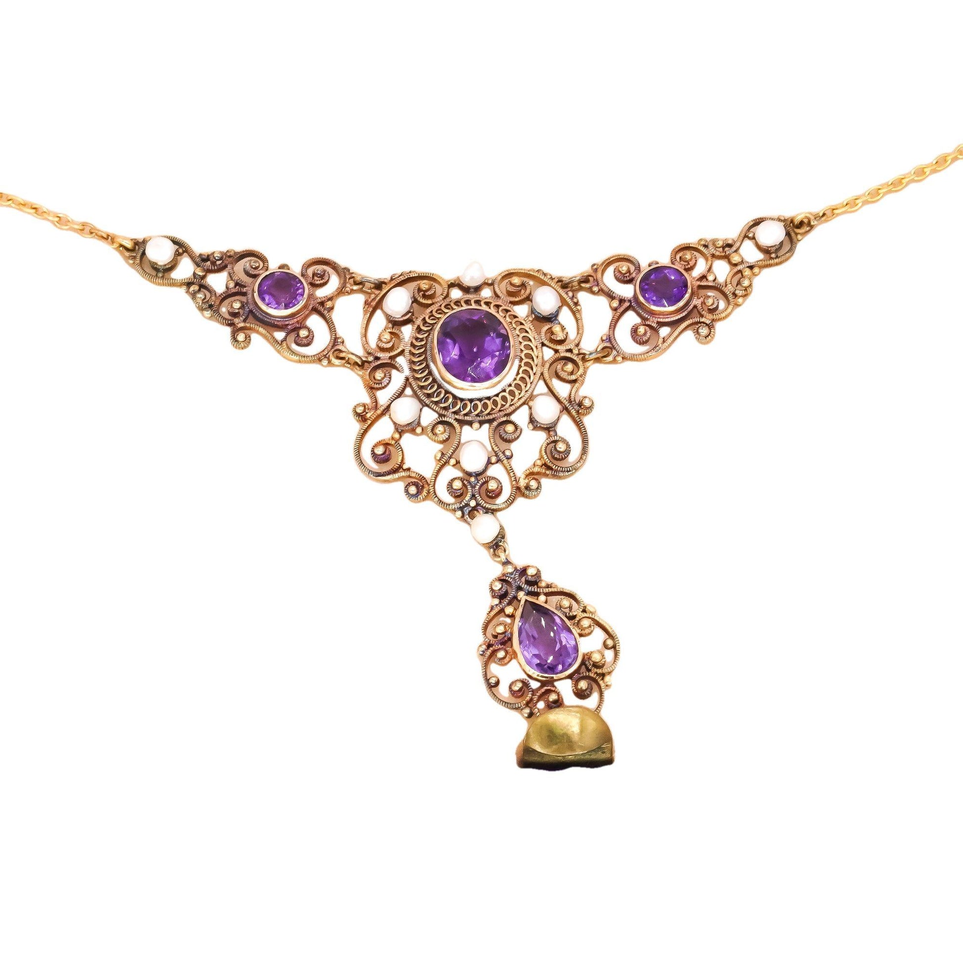 14k Gold Vintage 4.0CT Amethyst & Seed Pearl Filigree Formal Necklace w/ Box