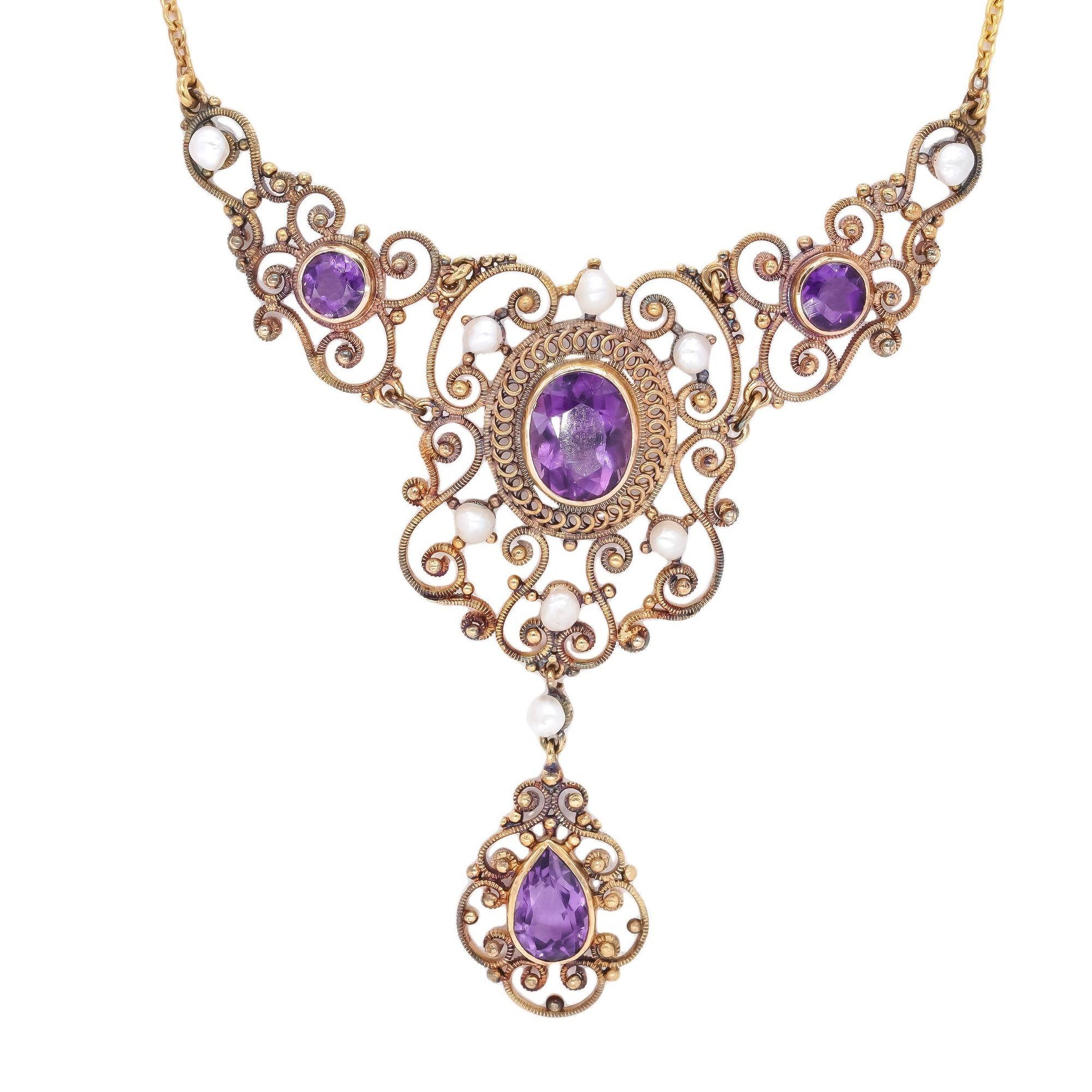 14k Gold Vintage 4.0CT Amethyst & Seed Pearl Filigree Formal Necklace w/ Box