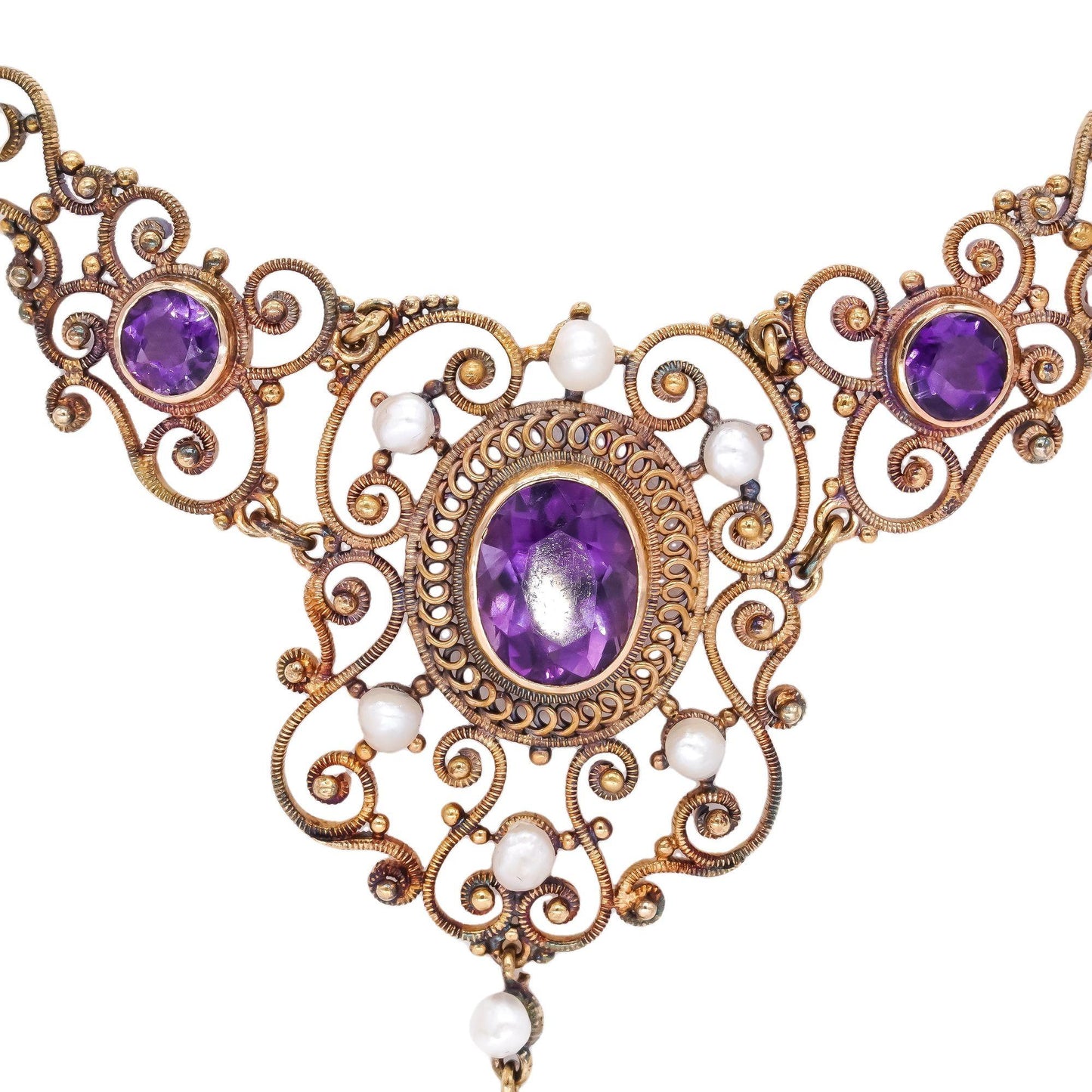 14k Gold Vintage 4.0CT Amethyst & Seed Pearl Filigree Formal Necklace w/ Box