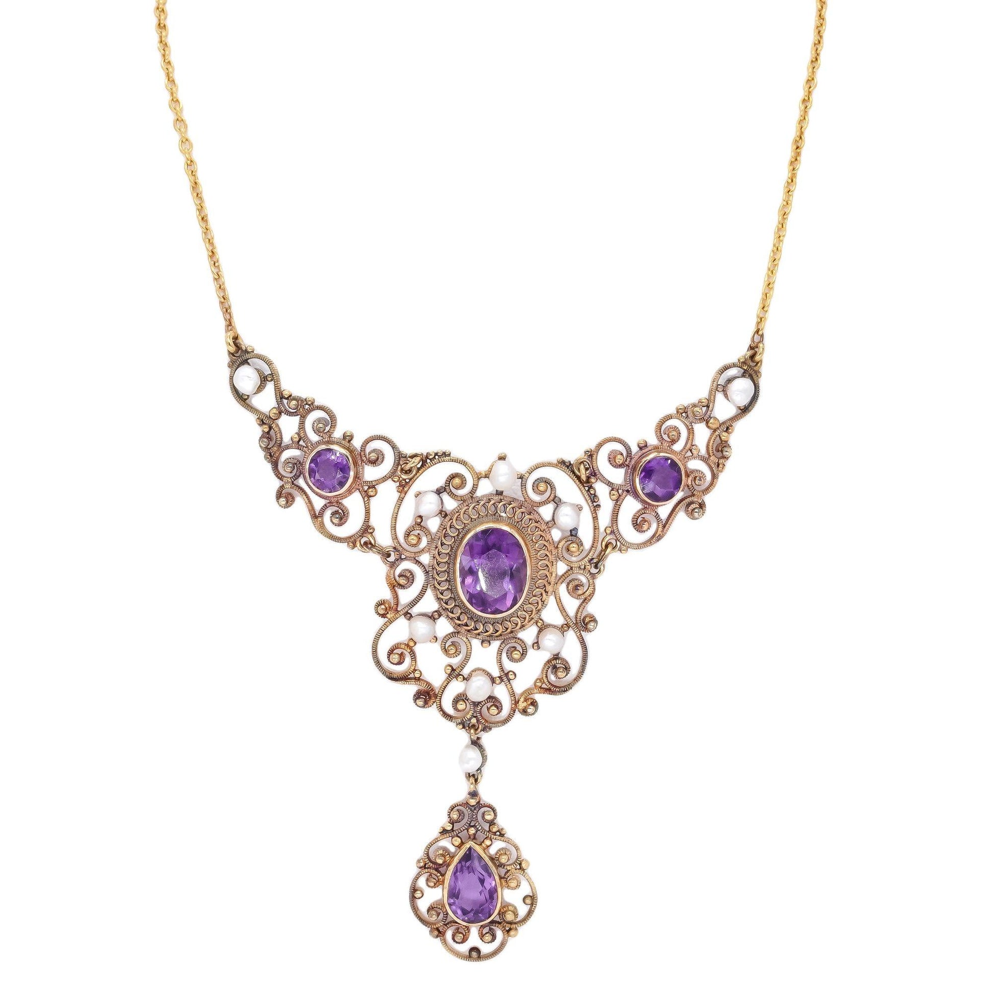 14k Gold Vintage 4.0CT Amethyst & Seed Pearl Filigree Formal Necklace w/ Box