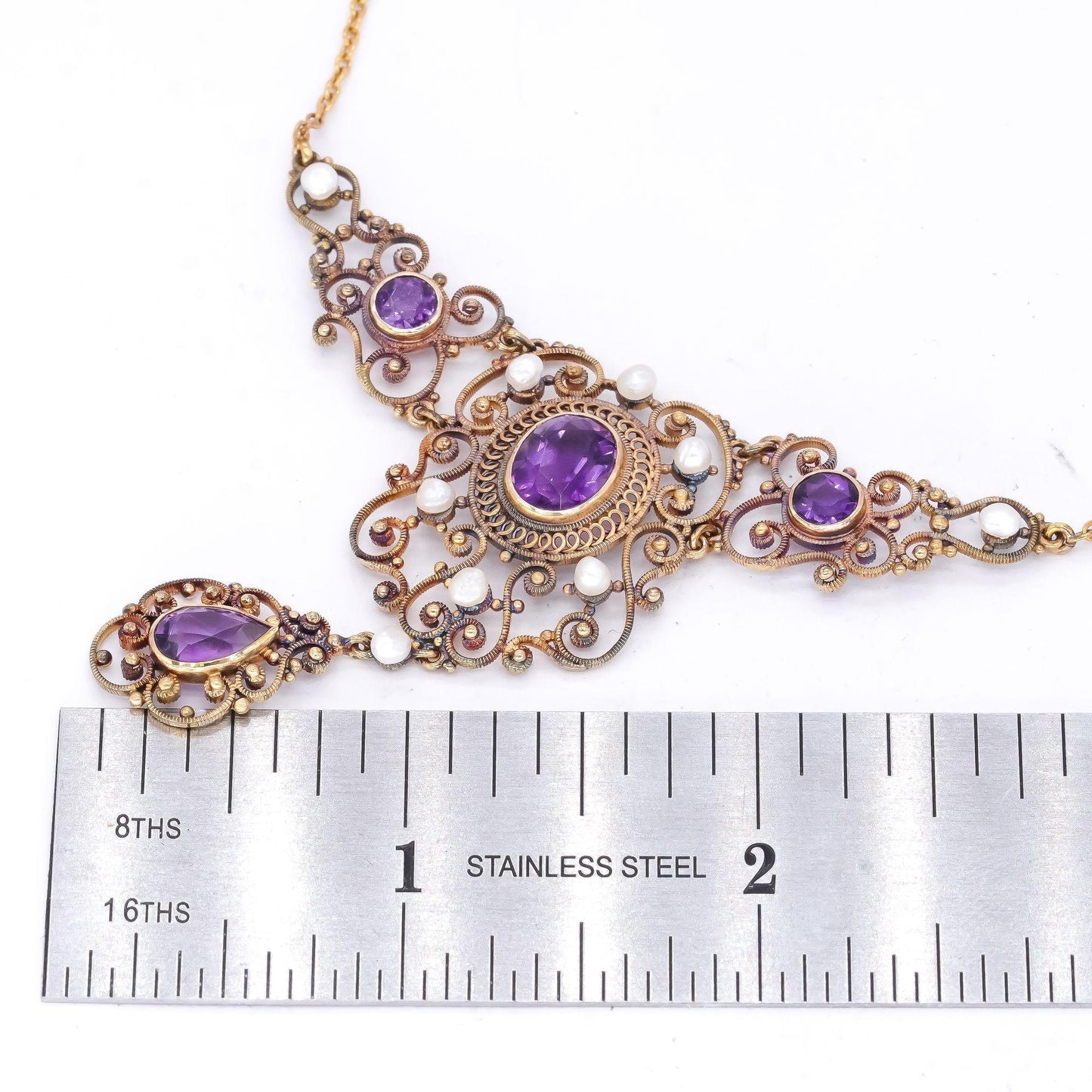 14k Gold Vintage 4.0CT Amethyst & Seed Pearl Filigree Formal Necklace w/ Box