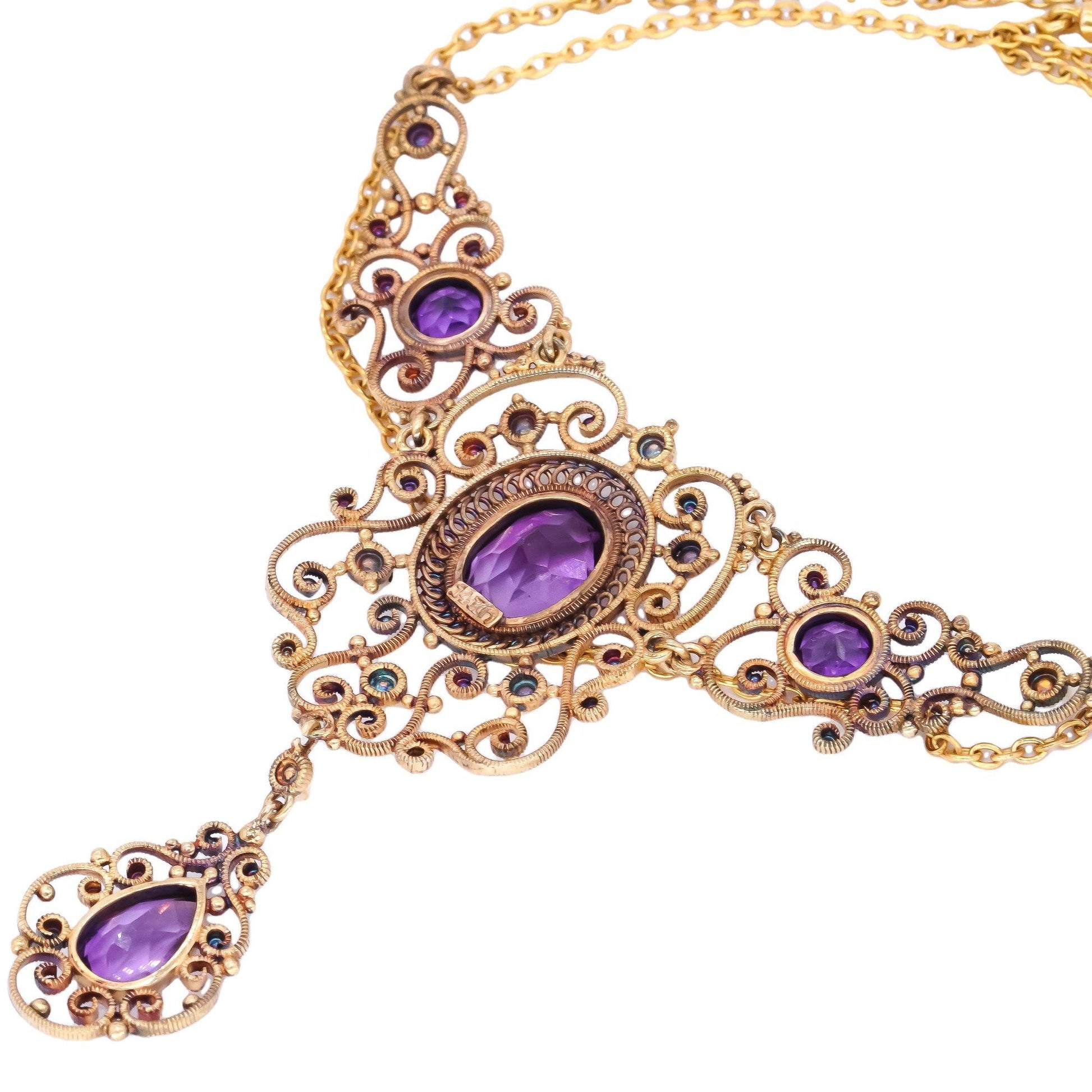 14k Gold Vintage 4.0CT Amethyst & Seed Pearl Filigree Formal Necklace w/ Box