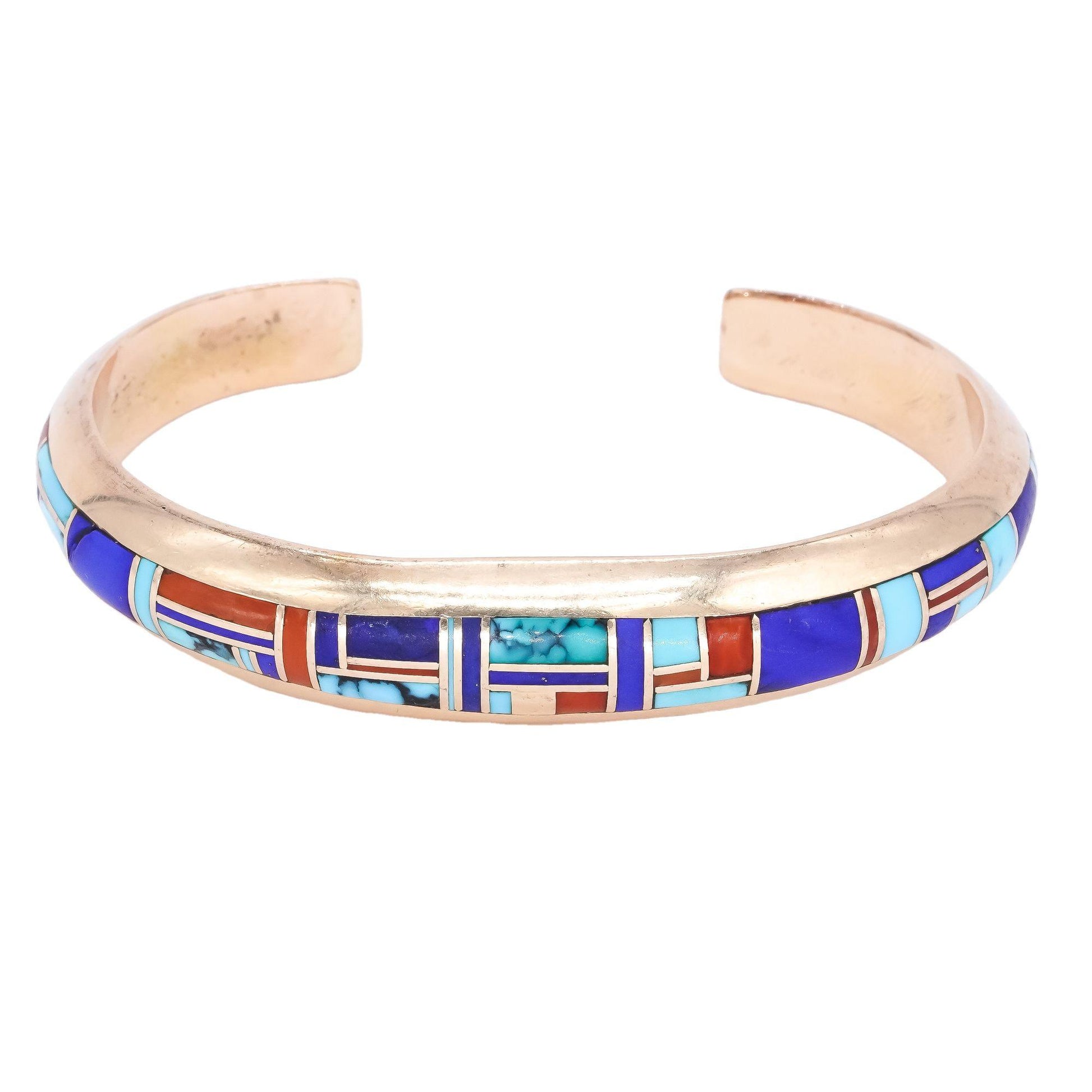 Albert Yazzie 14k Yellow Gold Jewelry Navajo Inlay Mosaic Gemstone Cuff Bracelet