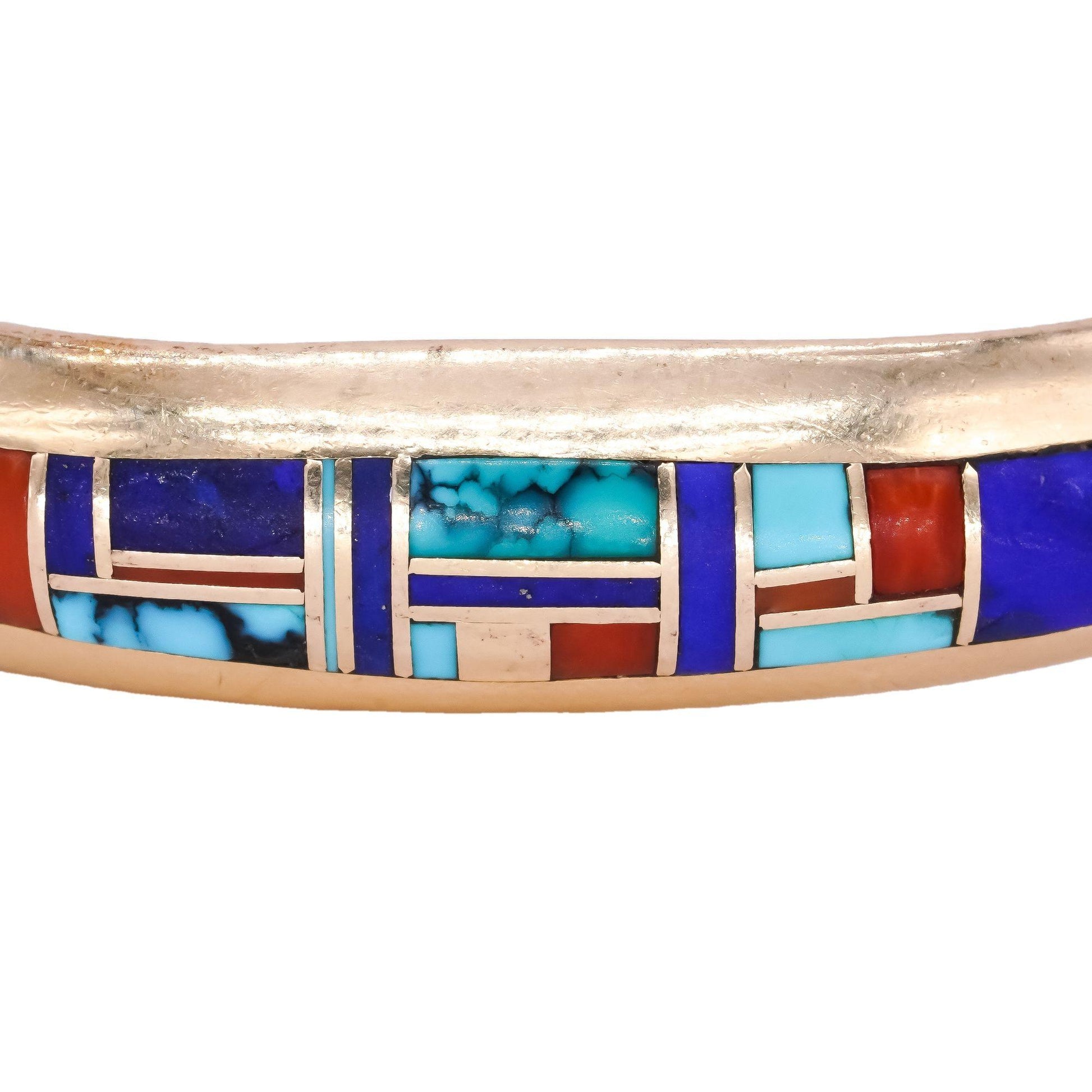 Albert Yazzie 14k Yellow Gold Jewelry Navajo Inlay Mosaic Gemstone Cuff Bracelet