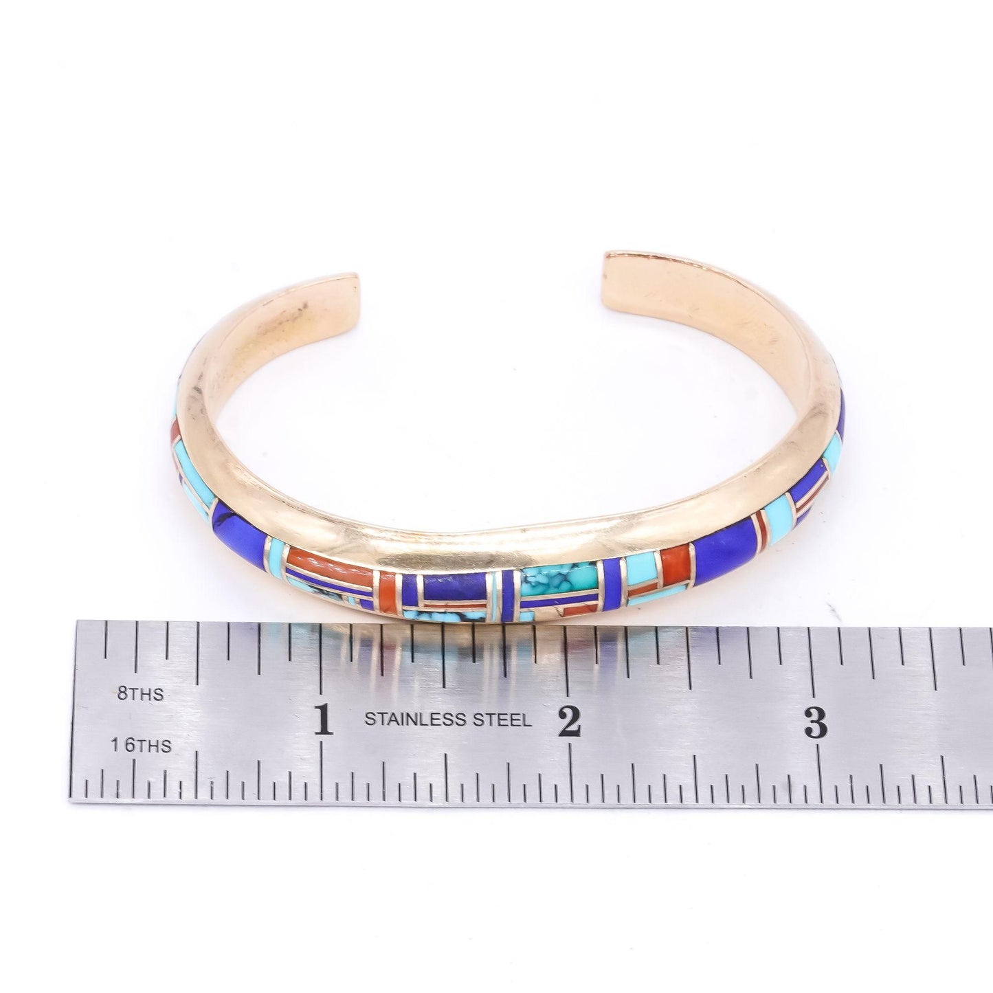 Albert Yazzie 14k Yellow Gold Jewelry Navajo Inlay Mosaic Gemstone Cuff Bracelet