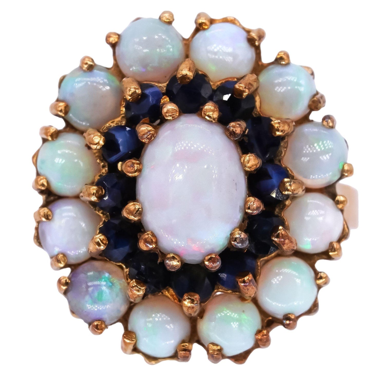 14k Yellow Gold 2.0CT Opal and Sapphire Jumbo Cluster Cocktail Ring size 7