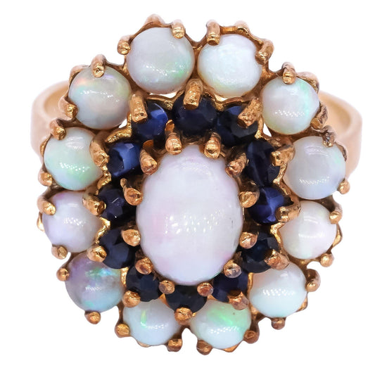 14k Yellow Gold 2.0CT Opal and Sapphire Jumbo Cluster Cocktail Ring size 7