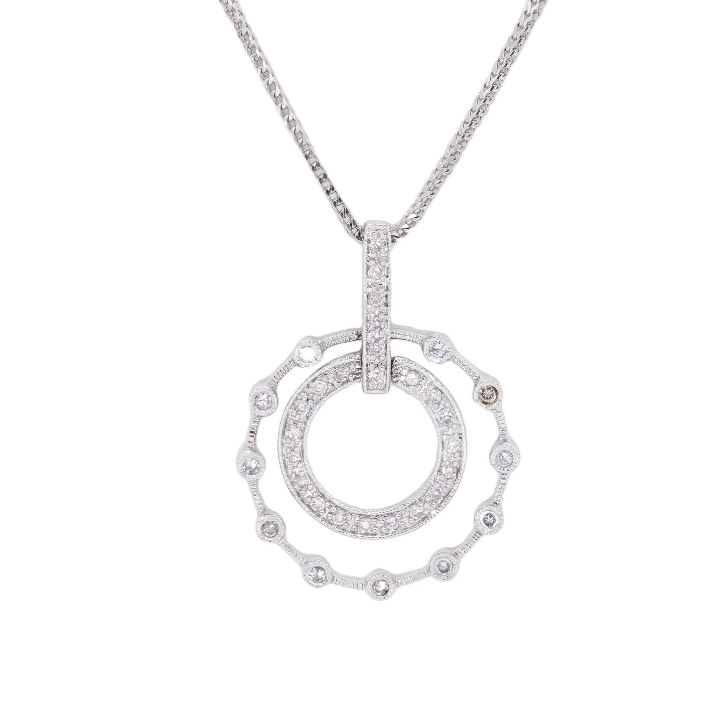 14k White Gold 0.25CT Diamond Double Circle Fancy Pendant Necklace