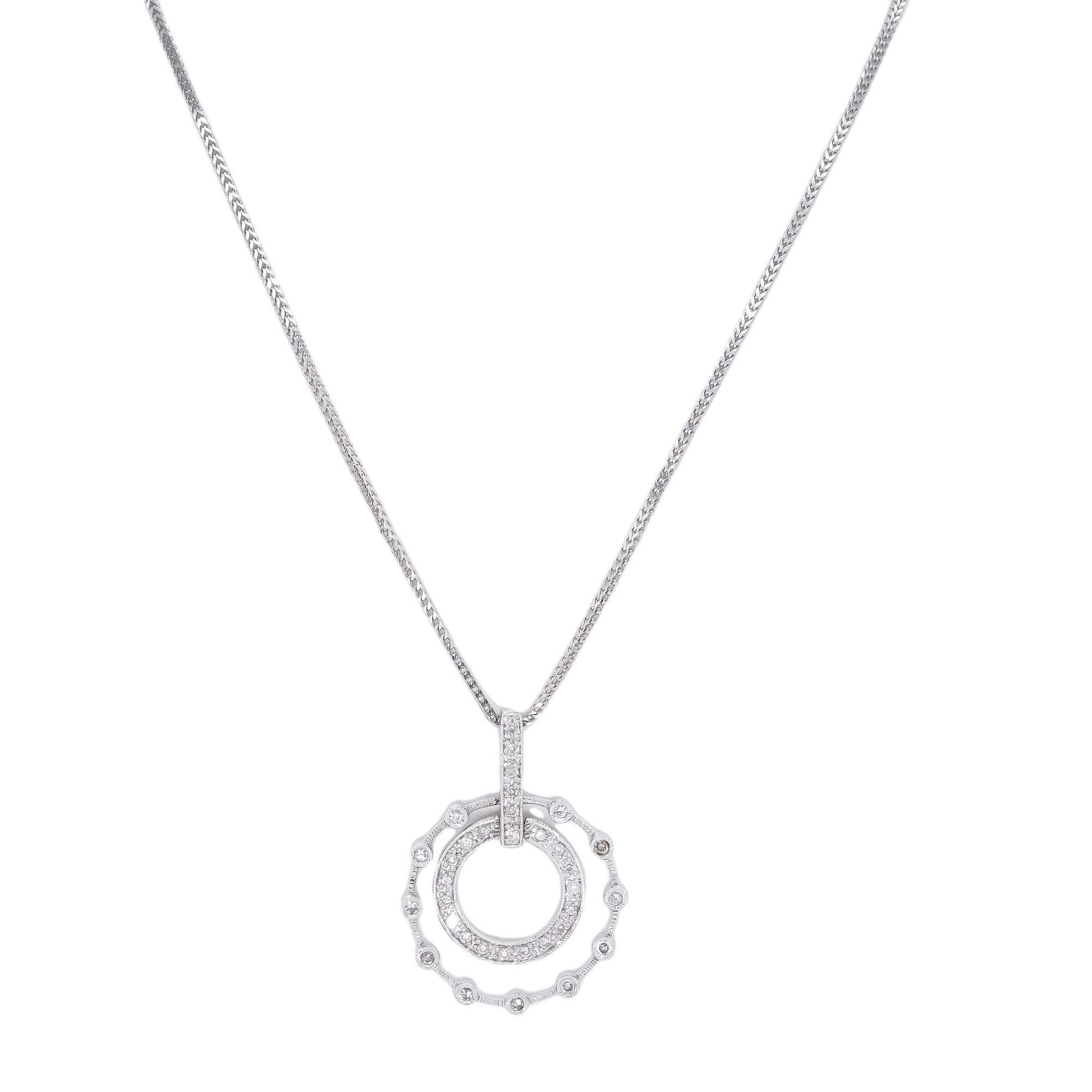 14k White Gold 0.25CT Diamond Double Circle Fancy Pendant Necklace