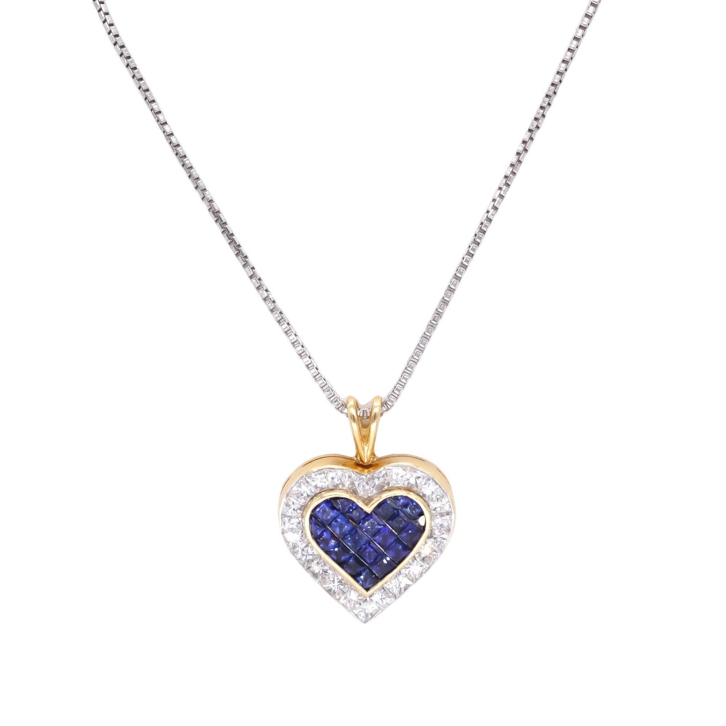 18k Gold 3.04CT VS Quadrillion Cut Diamond & Sapphire Heart Pendant Necklace