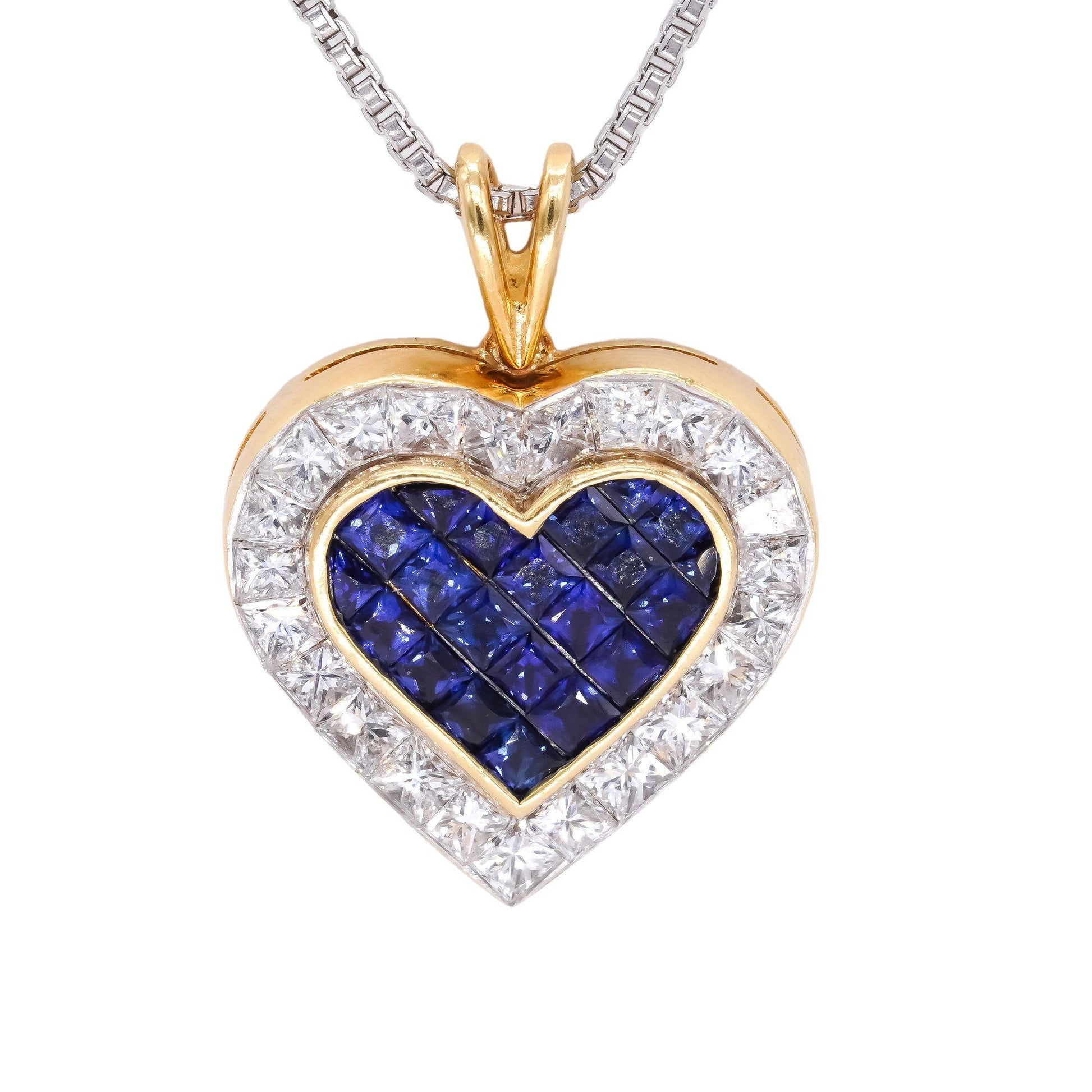 18k Gold 3.04CT VS Quadrillion Cut Diamond & Sapphire Heart Pendant Necklace