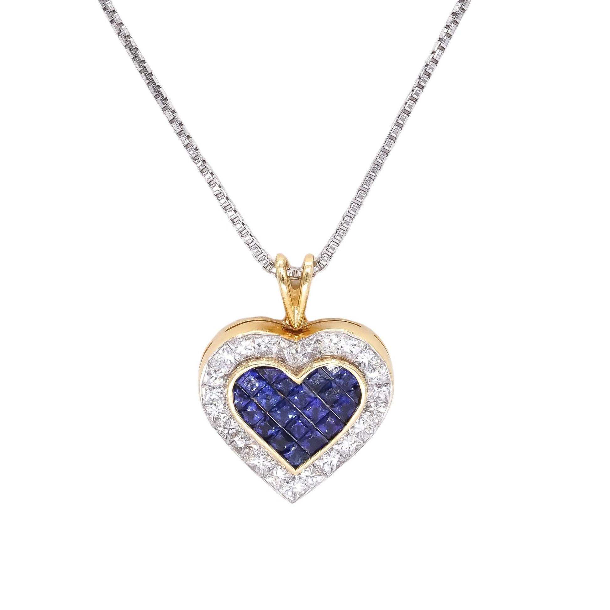 18k Gold 3.04CT VS Quadrillion Cut Diamond & Sapphire Heart Pendant Necklace