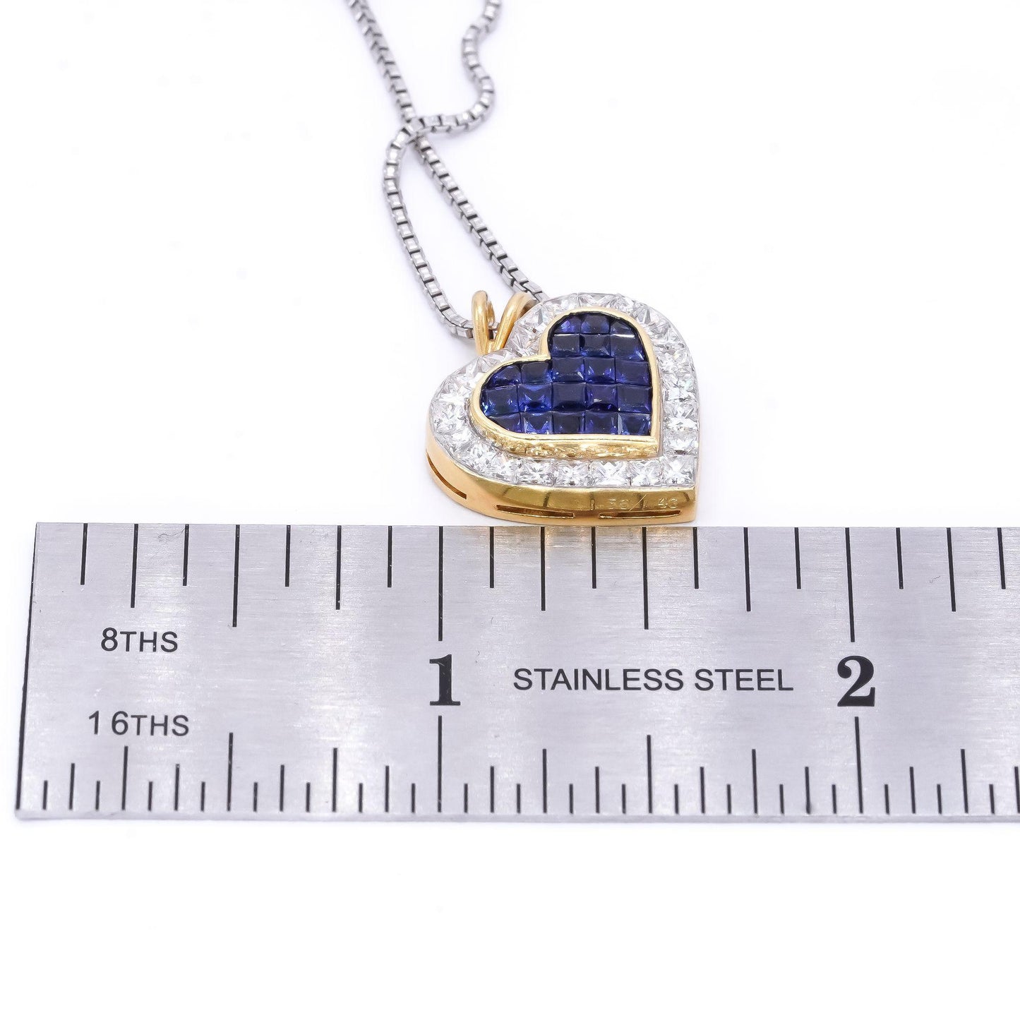 18k Gold 3.04CT VS Quadrillion Cut Diamond & Sapphire Heart Pendant Necklace