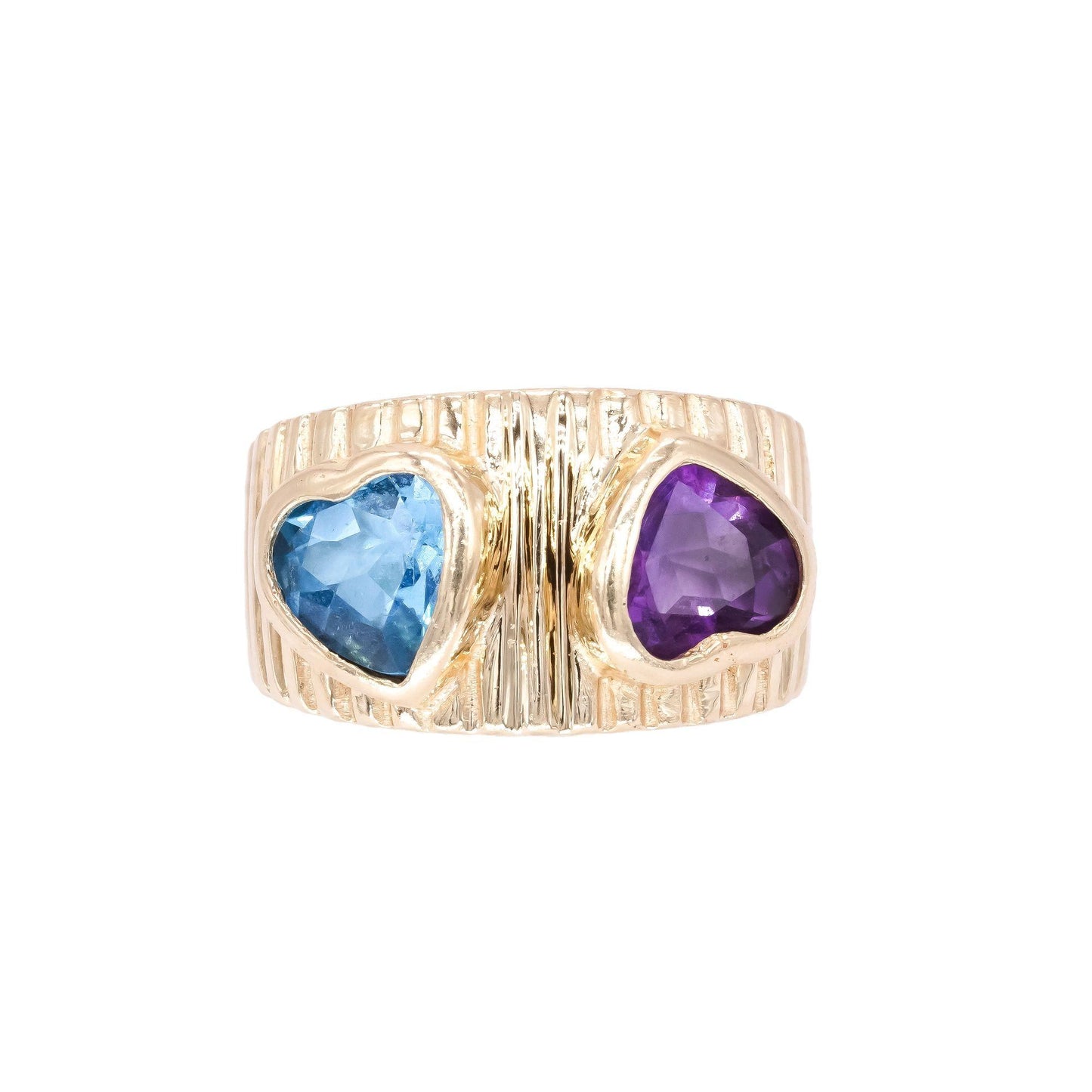 14k Yellow Gold 3.0CT Amethyst and Blue Topaz Heart Jumbo Ring size 7