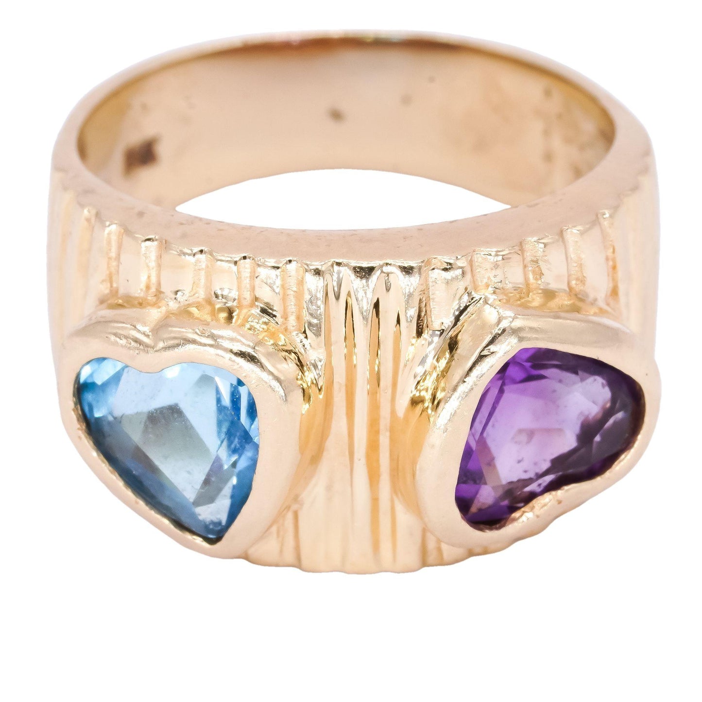 14k Yellow Gold 3.0CT Amethyst and Blue Topaz Heart Jumbo Ring size 7