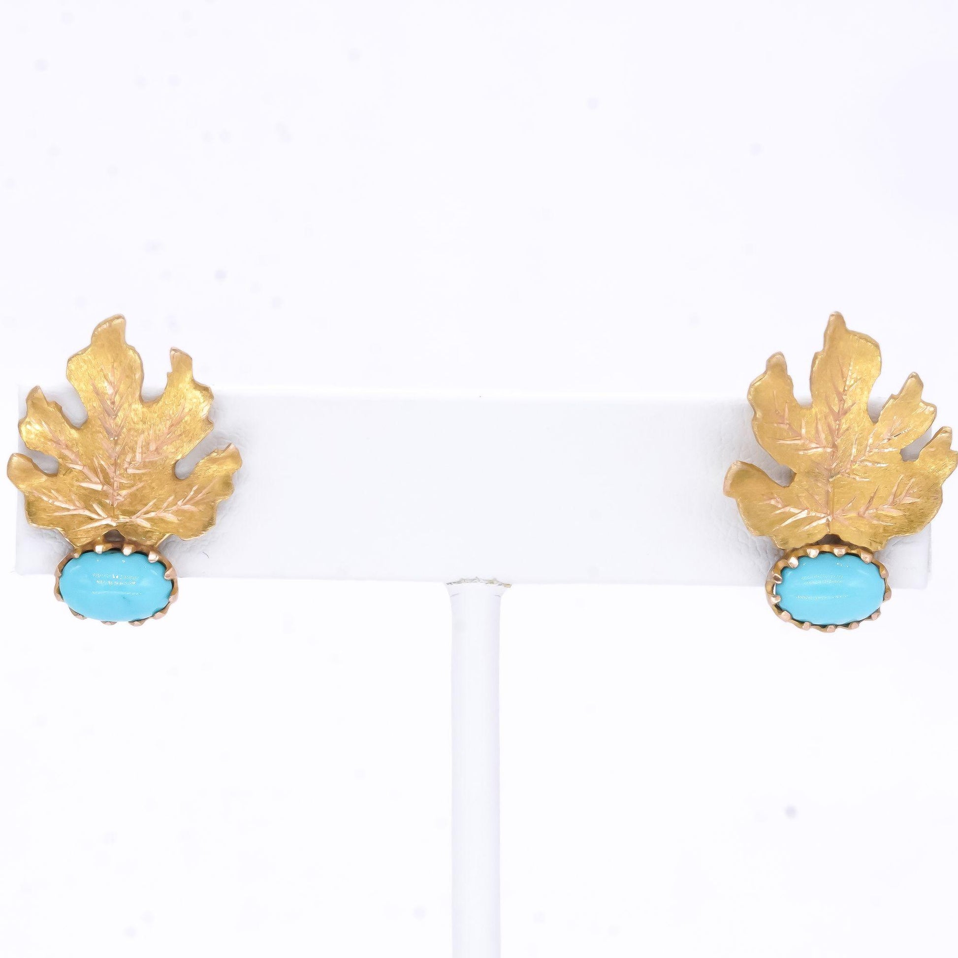 18k Yellow Gold Jewelry 7.2 x 5.0mm Turquoise Leaf Stud Earrings