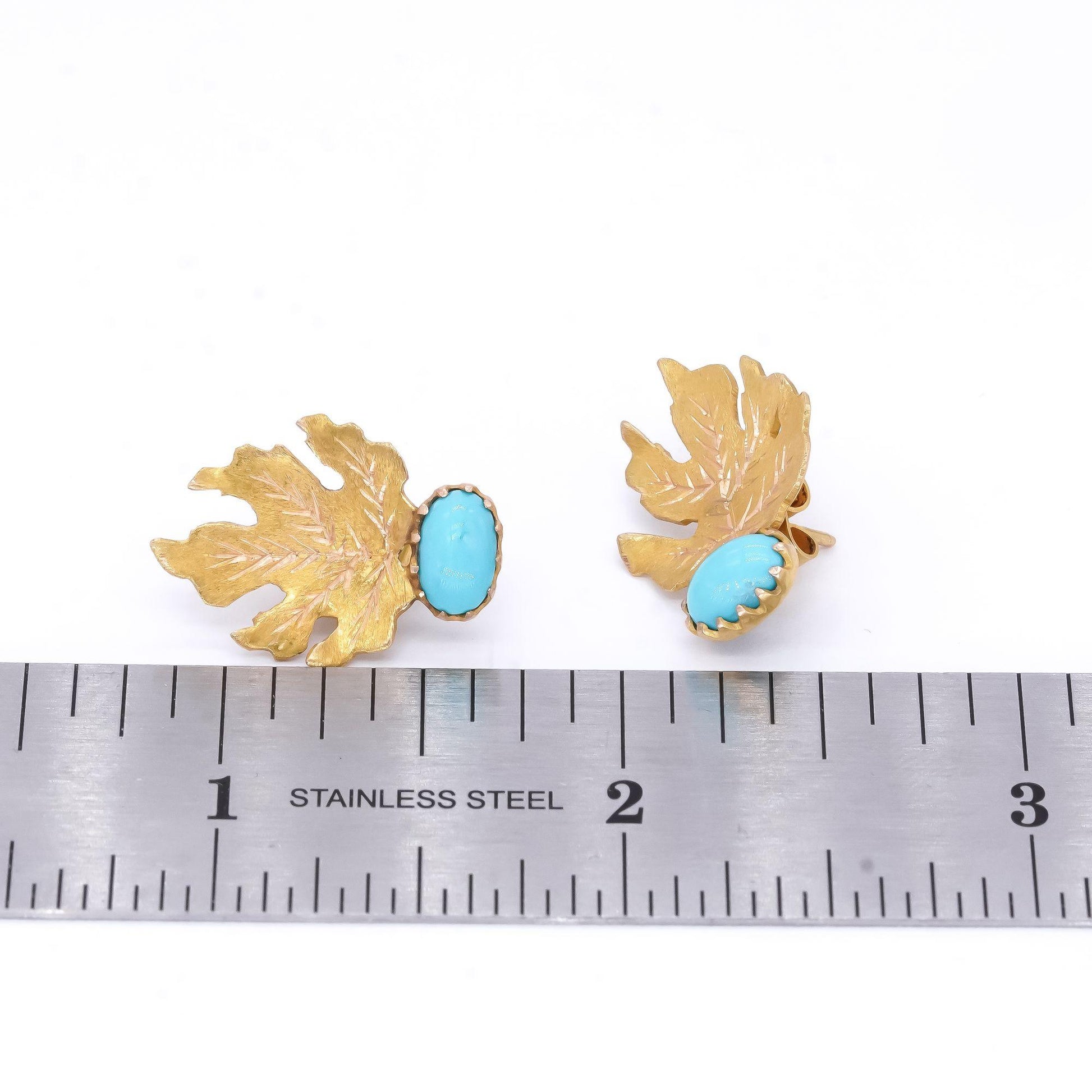 18k Yellow Gold Jewelry 7.2 x 5.0mm Turquoise Leaf Stud Earrings