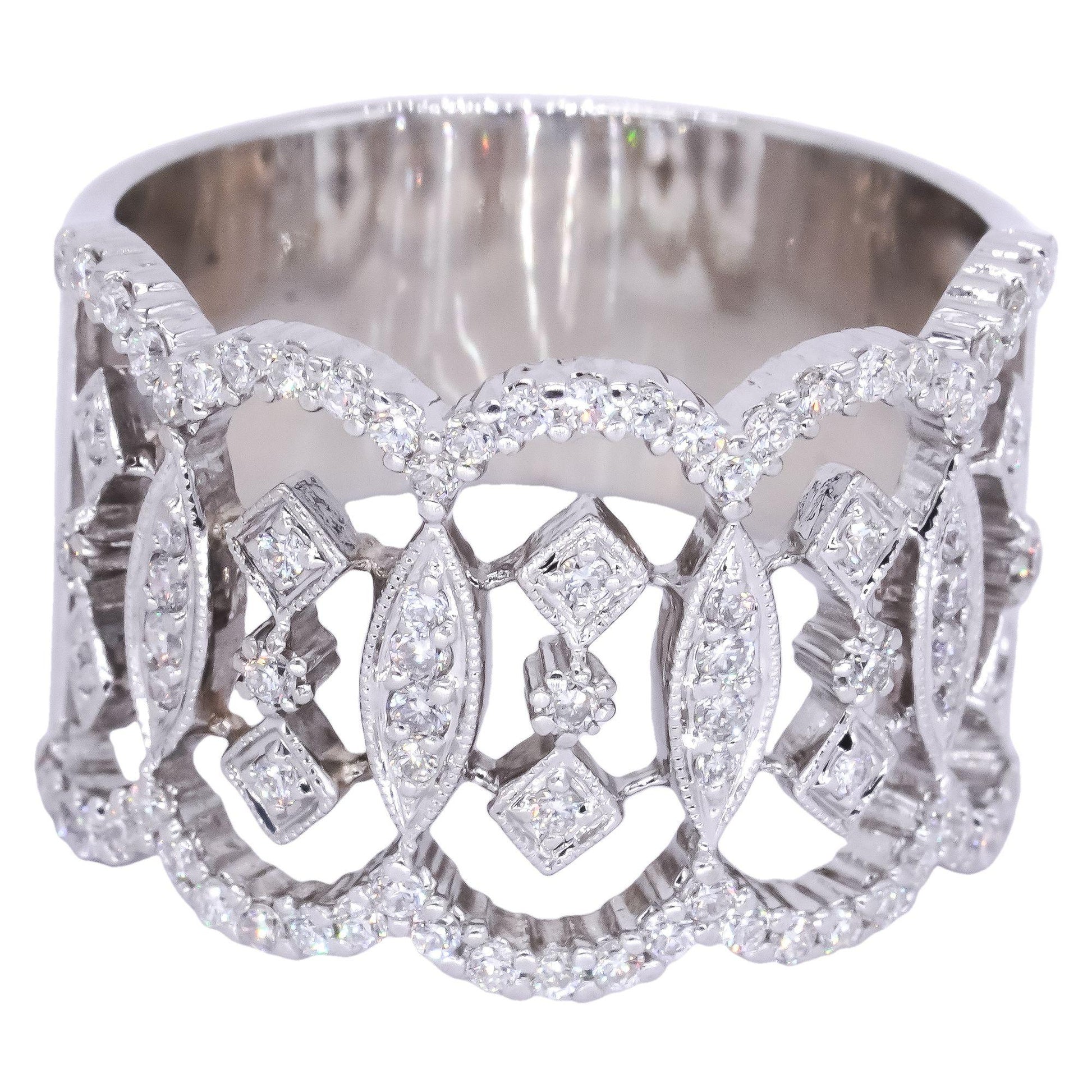 14k White Gold 1.0ct VS Diamond Filigree Wide Band Wedding Ring Size 9.5