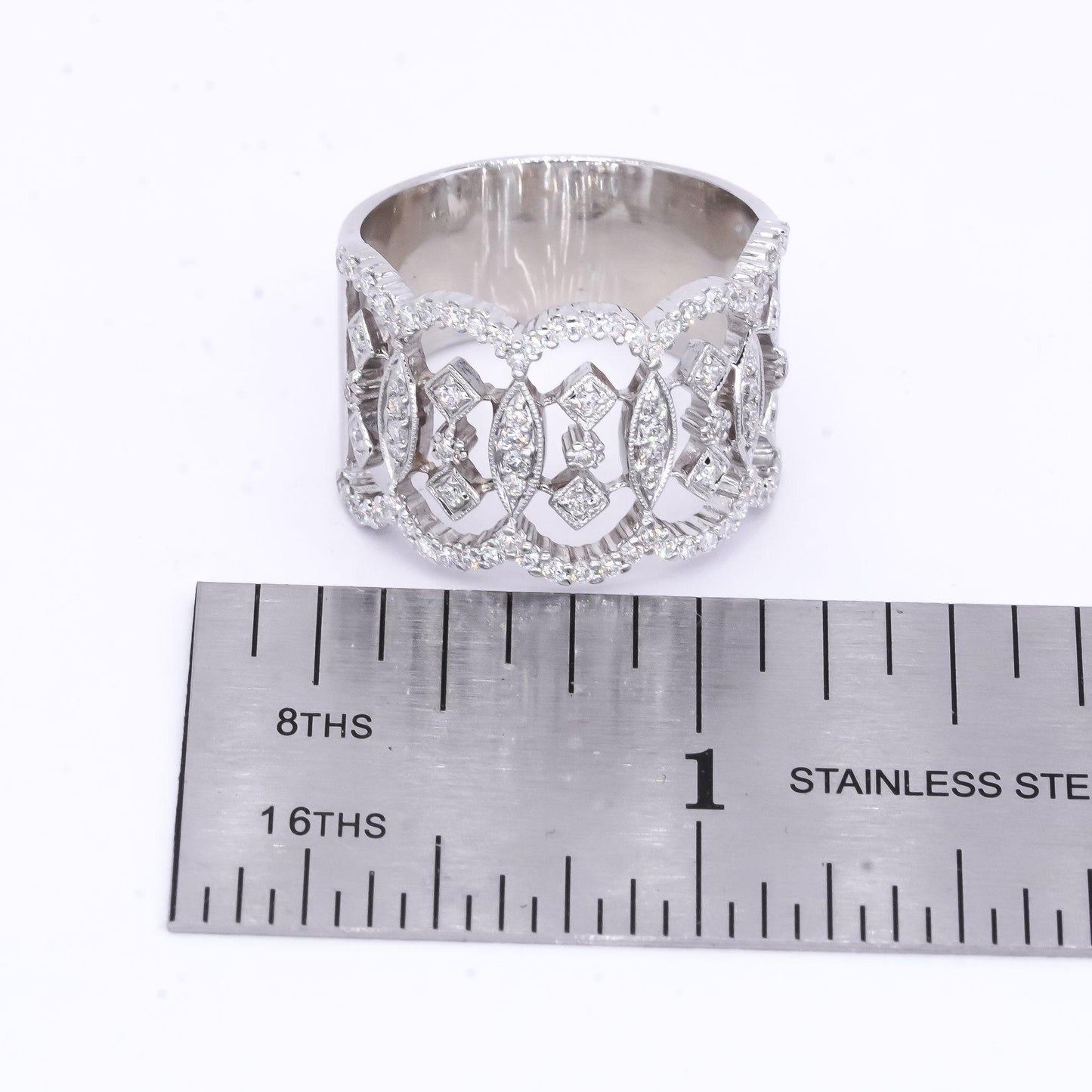 14k White Gold 1.0ct VS Diamond Filigree Wide Band Wedding Ring Size 9.5