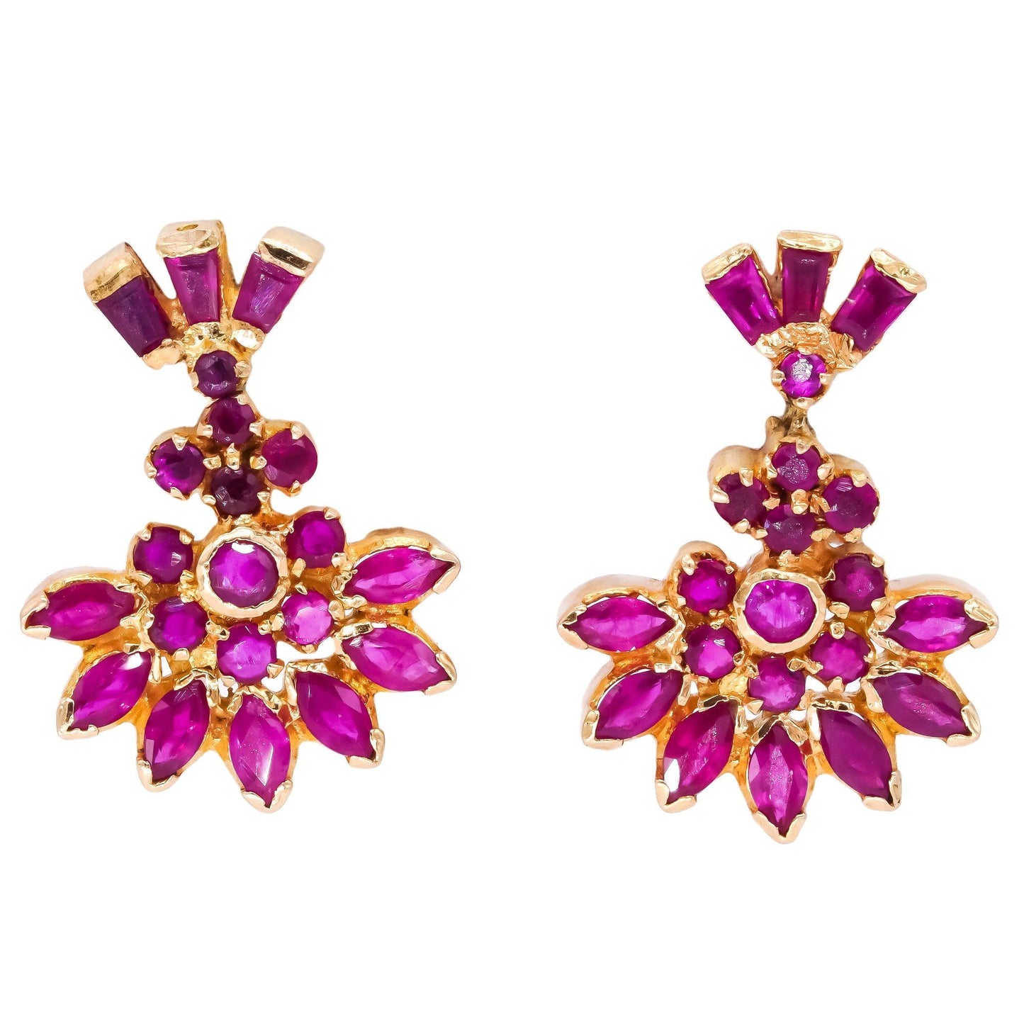 18k Yellow Gold 1.20ct Ruby Drop Dangle Fan Style Cluster Earrings