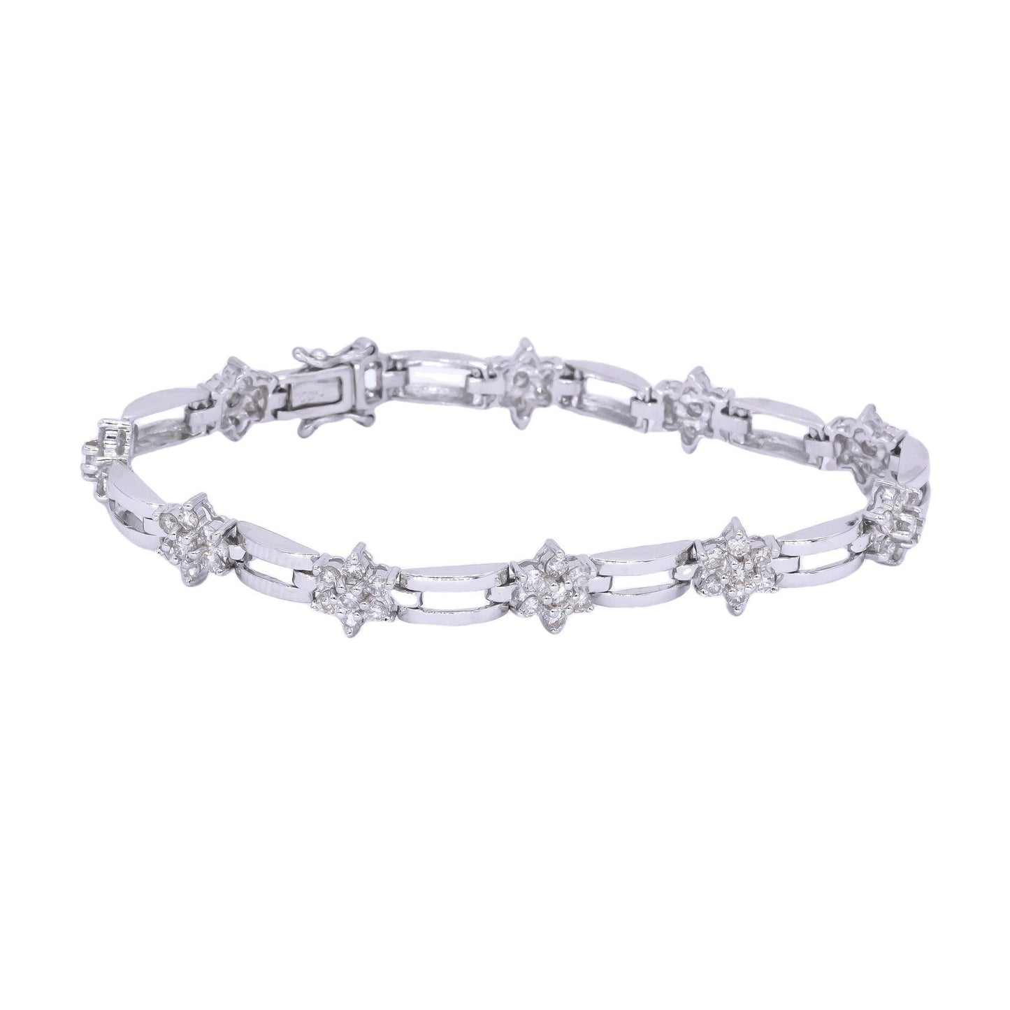 18k White Gold 1.5ct Diamond Flower Cluster Fancy Tennis Bracelet